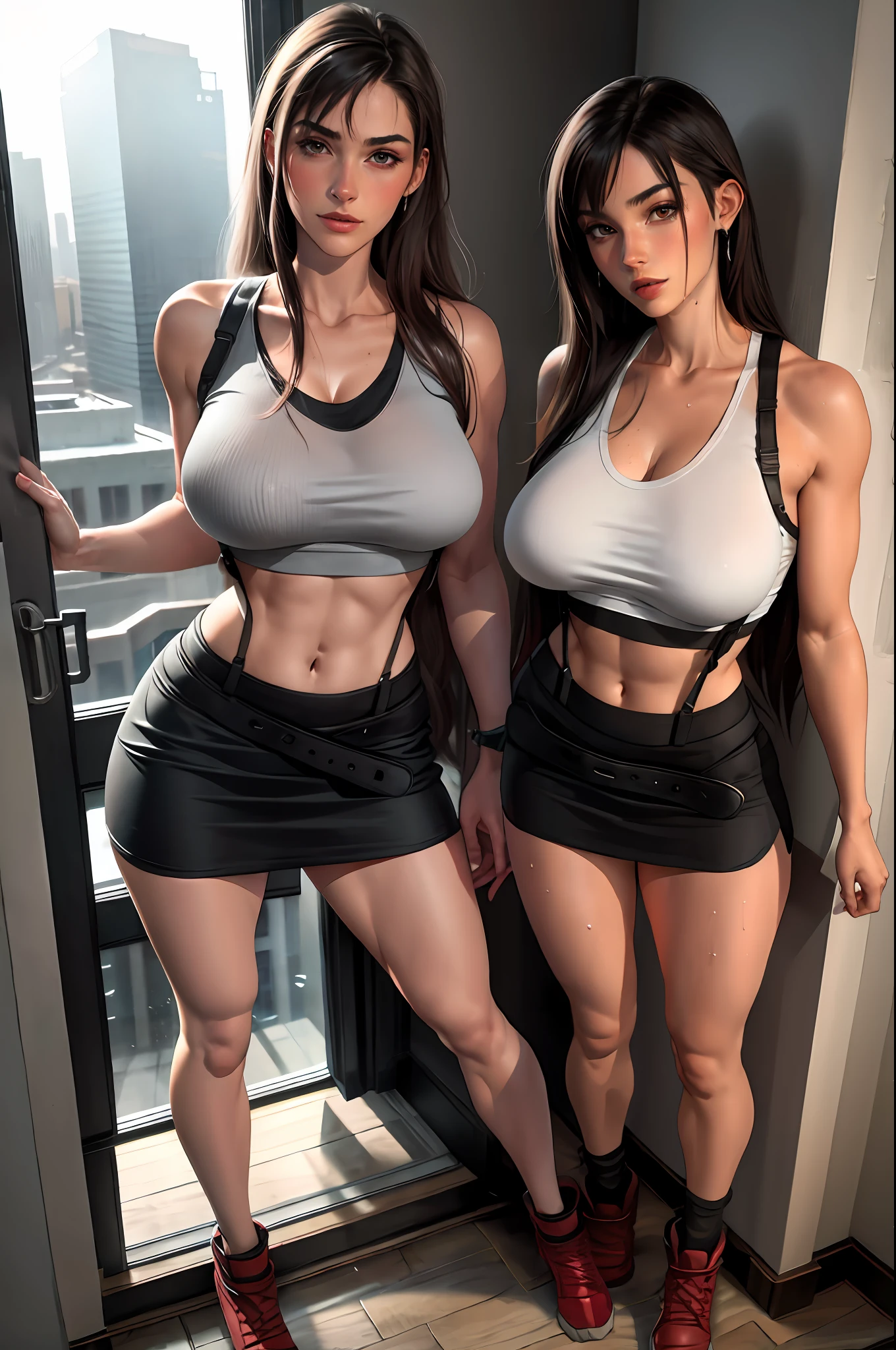 4k highly detailed realistic ((full body including legs)) photo of beautiful 18 year old girl, ((sharp jawline)) and huge tits, in wet clothes standing by the bedroom window in a tall building with white walls in a wet sports bra and black miniskirt
