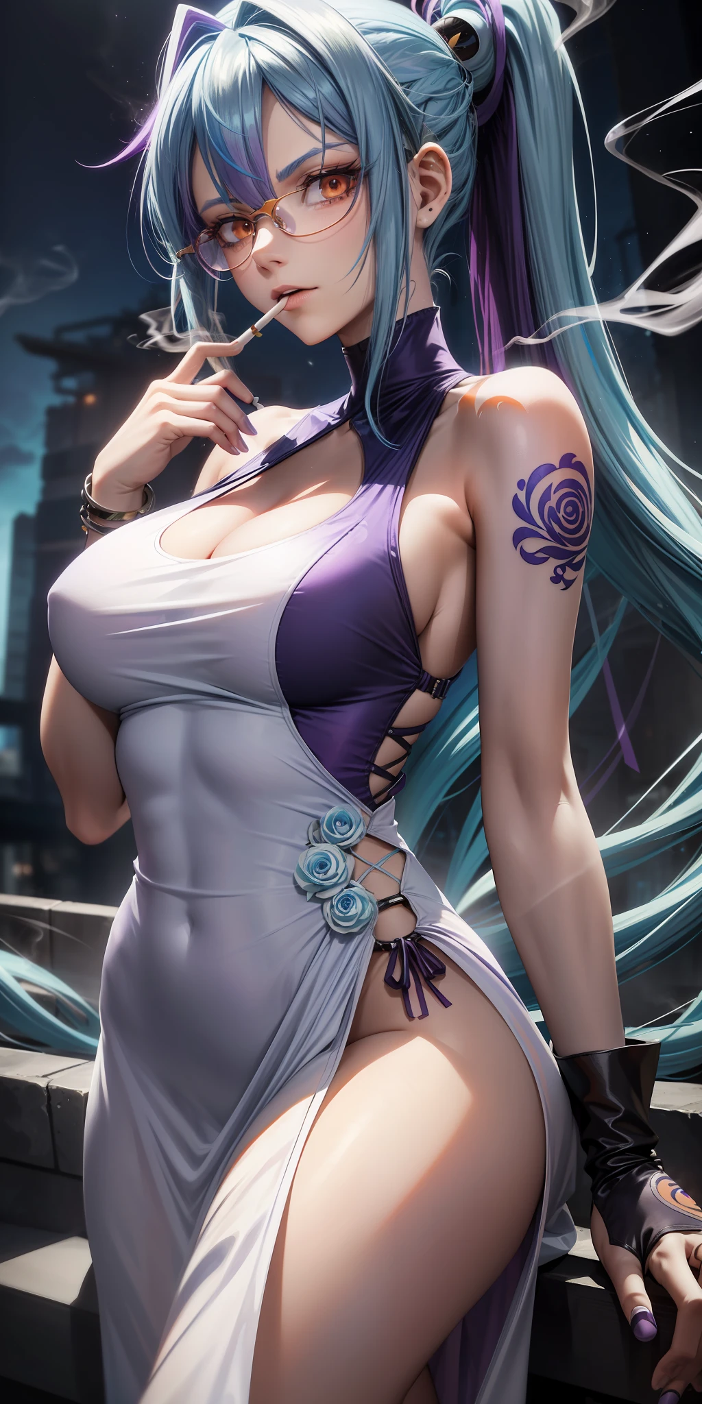 (((anime))),((animation)),game cg,in code geass style,(ponytail),messy hair,(light blue hair:1.4),(purple colored inner hair:1.5),(Orange eyes:1.4),beautiful detailed eyes,(Stylish glasses),moon face,evil grin,(Sleeveless one-piece long dress:1.5),(dress color White:1.5),garter belt,(slim),30 years old,girl,sexy,beautiful,gleaming skin,Tattoo of a rose on the left arm,stylish pose,(Smoking cigarettes:1.3),(Background is a ruins),(inorganic matter),Dark atmosphere,extremely detailed CG,unity 8k wallpaper,caustics,super detailed skin,cinematic lighting,dynamic angle