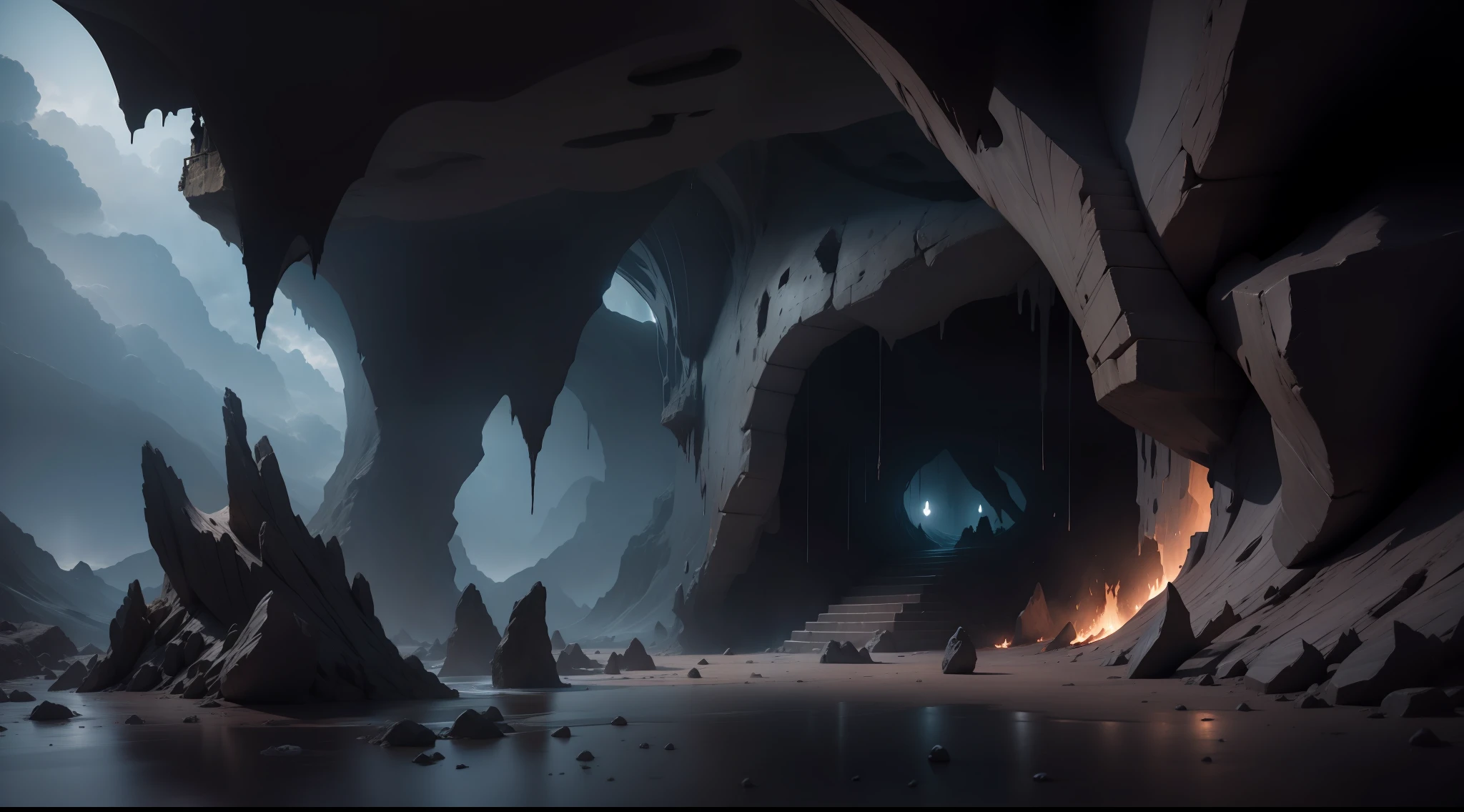 Dark cave with clouds and scary