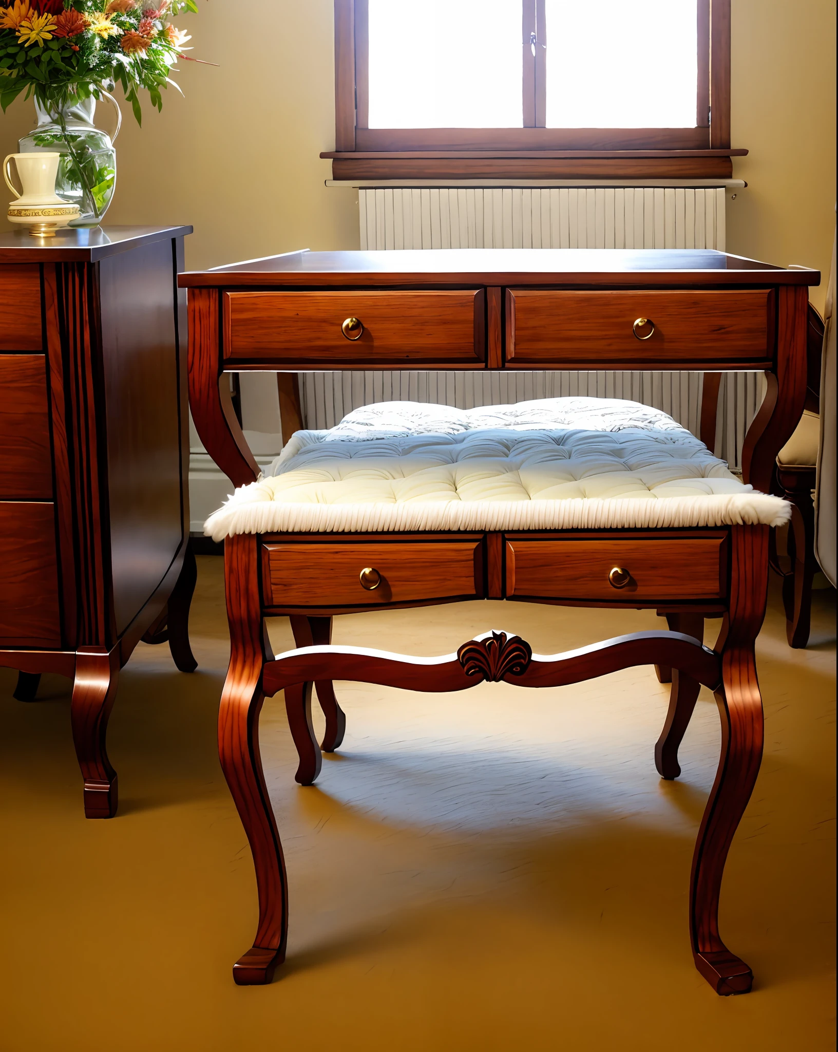 English gorgeous style, a soft bed, a coffee table, bedside tables, vases, hanging paintings, dressers, square glass windows, wooden furniture, wardrobes, intricate carvings, and oil paintings. Warm colors, award-winning masterpieces with incredible detail, large windows --v 6