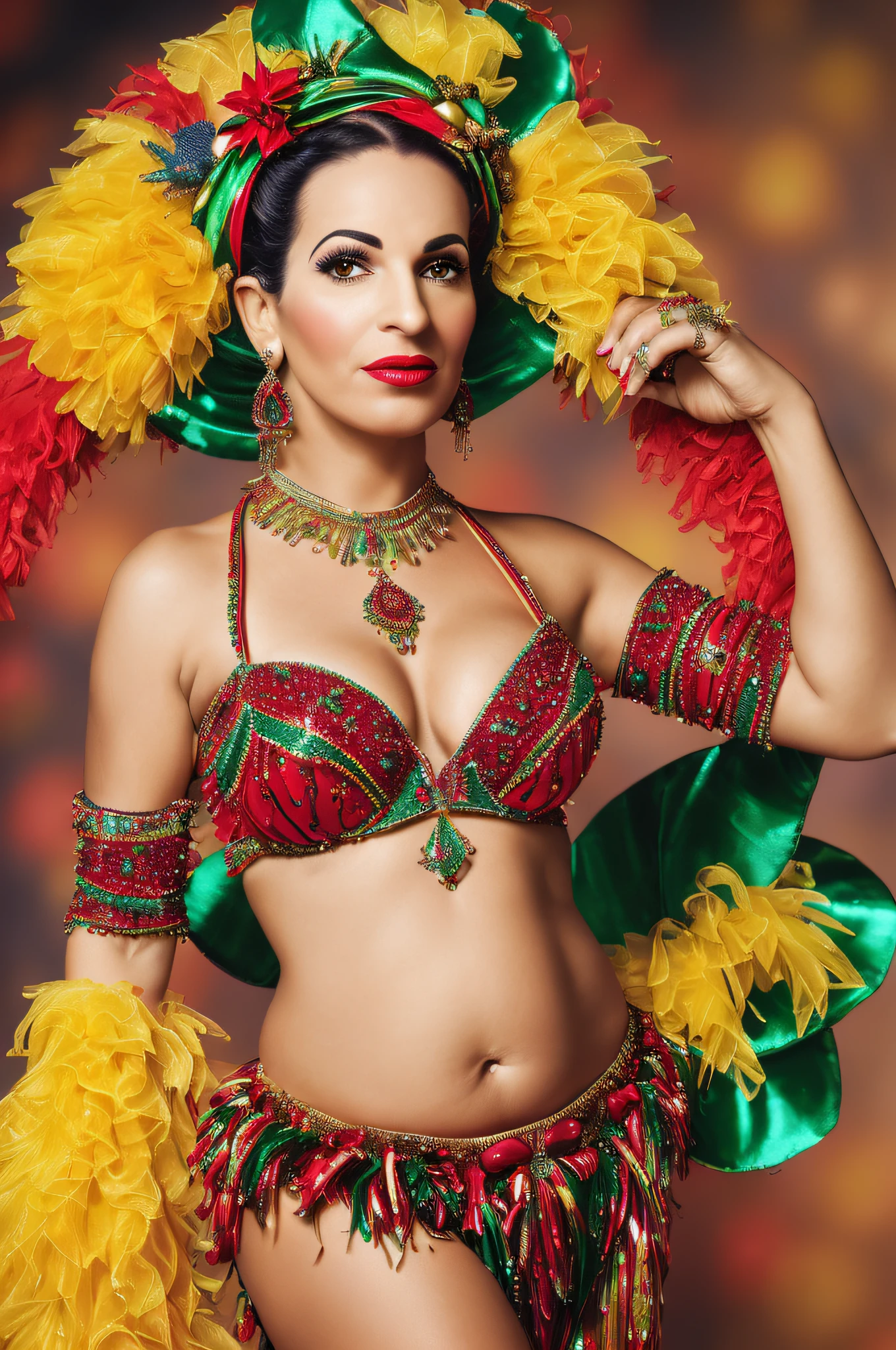 (full body portrait of singer Carmen Miranda), (wearing a belly dance costume, intimate, detailed:1.3), (highly detailed face:1.4), (background festive, moody, private study, old radio:1.2), (8k, uhd, dslr, high quality, cinematic lighting, bokeh), (dramatic, award winning photography, incredible masterpiece:1.3)