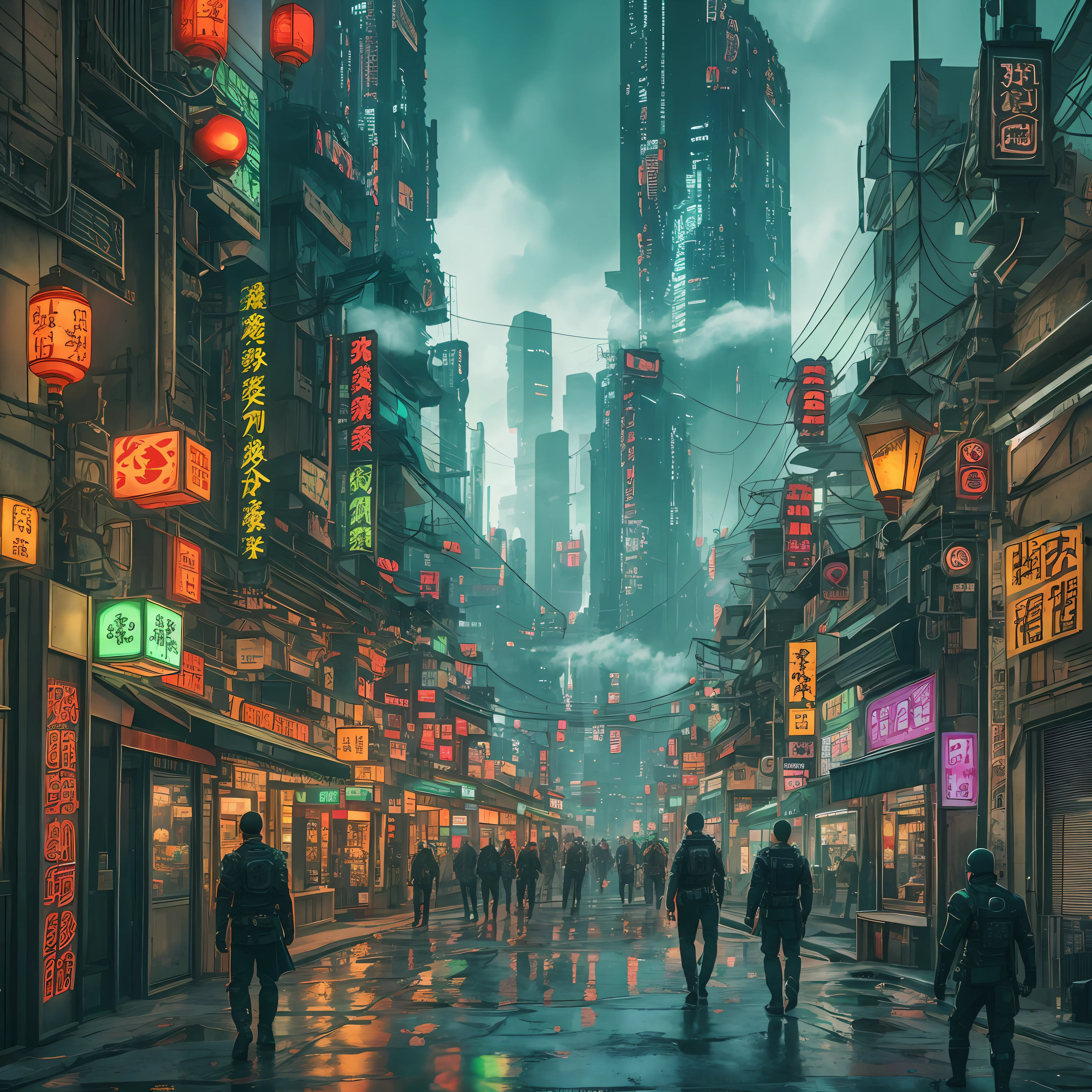 Cyberpunk city from sci-fi movie, night, shrouded in green smoke, bridge, old shop, Strange Tales from a Chinese Studio, red lanterns, ghosts roaming the streets, irregular, circuit boards, wires, intricate, super detailed, realistic, hyper Realistic, High Quality, Best, Super Detail, Crazy Detail, Very Detailed, Photorealistic, Epic Composition, Best Quality, 32k --v 6