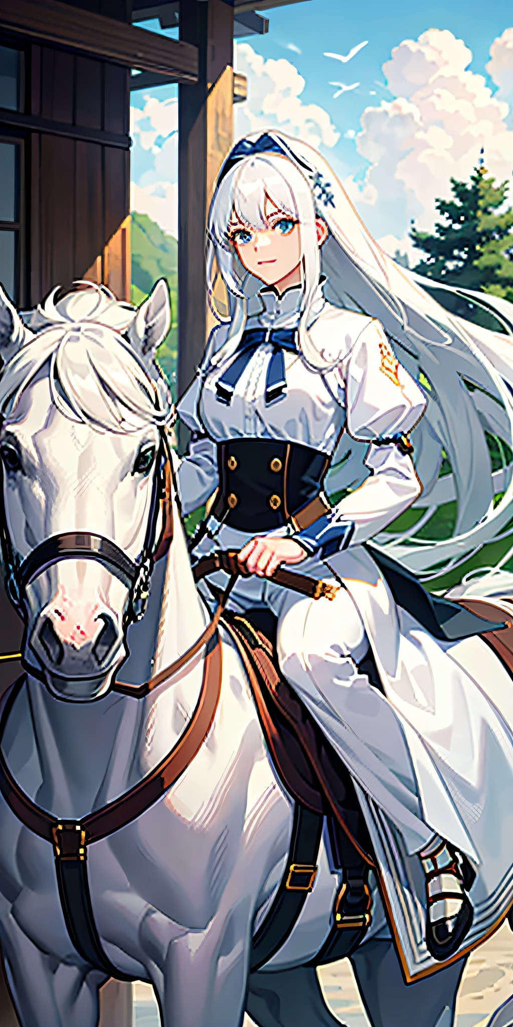 Beautiful woman riding a horse with white hair