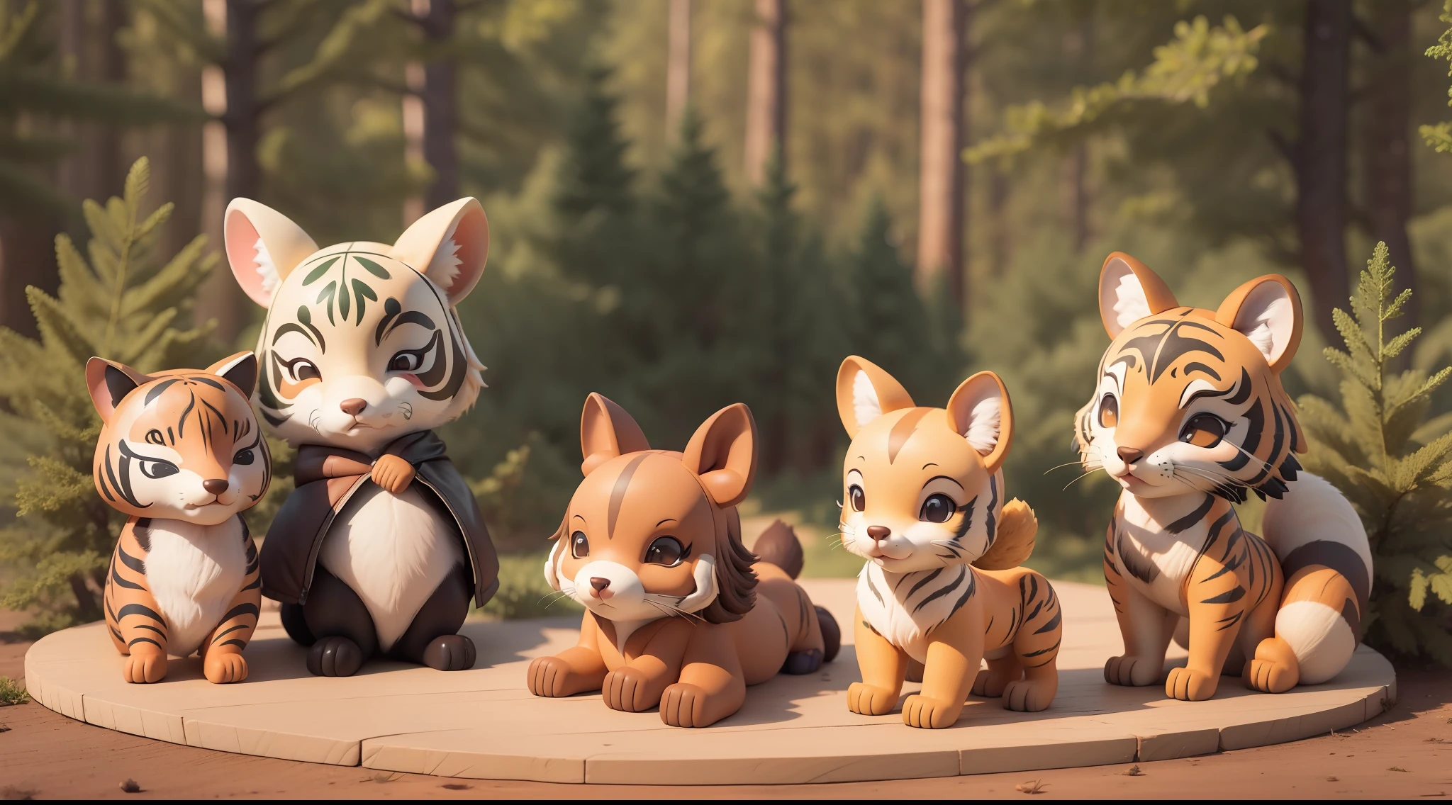 Forest animals, a moose, squirrel, opossum, fox, tiger, various animals, as if gathered in a circle