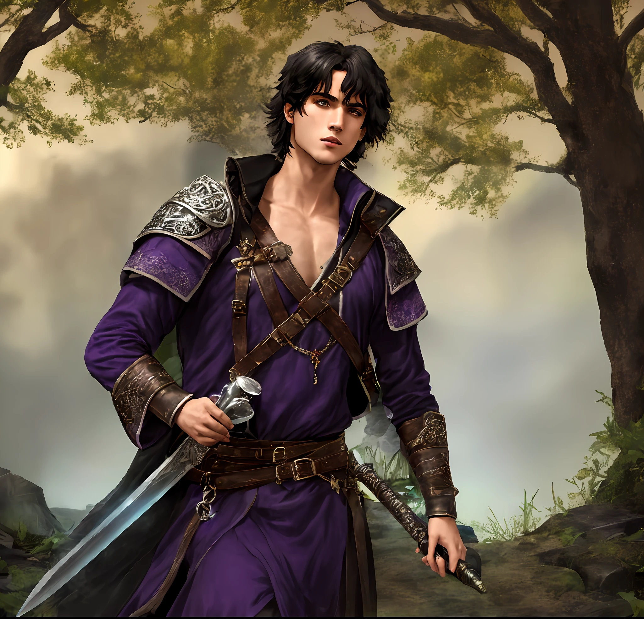 1 Young Man, (((solo))), (he has white skin, blue eyes, straight black hair with fringe up to his shoulders, lean body, youthful face, wine-stained lips: 1.15), (he wears medieval noble clothes, black and purple in color, with a transverse leather strap, carries a silver scimitar in his hand and a mug with wine in another hand), His leather boots are dirty and he fights inside a grove with his sword