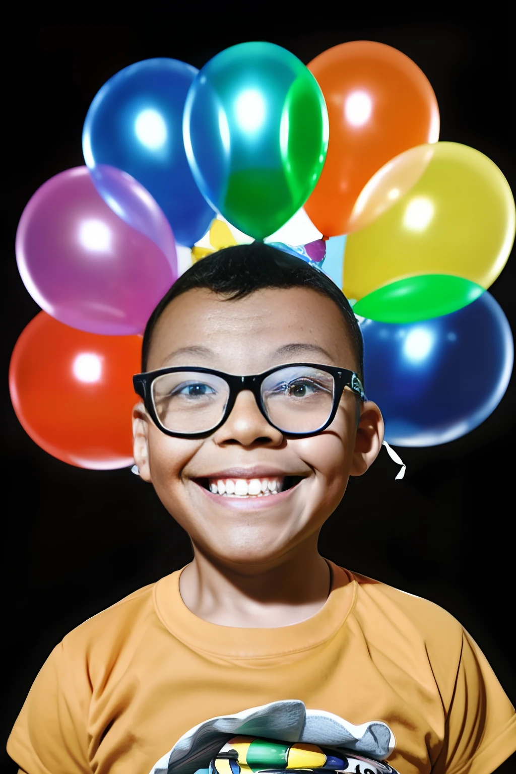 guttonerdvision5, (((illustration))) of a happy 3-year-old boy wearing glasses, wearing a birthday party hat, holding a party balloon. cinematic lighting, depth of field, uhd, (((illustration by Alex Ross)))