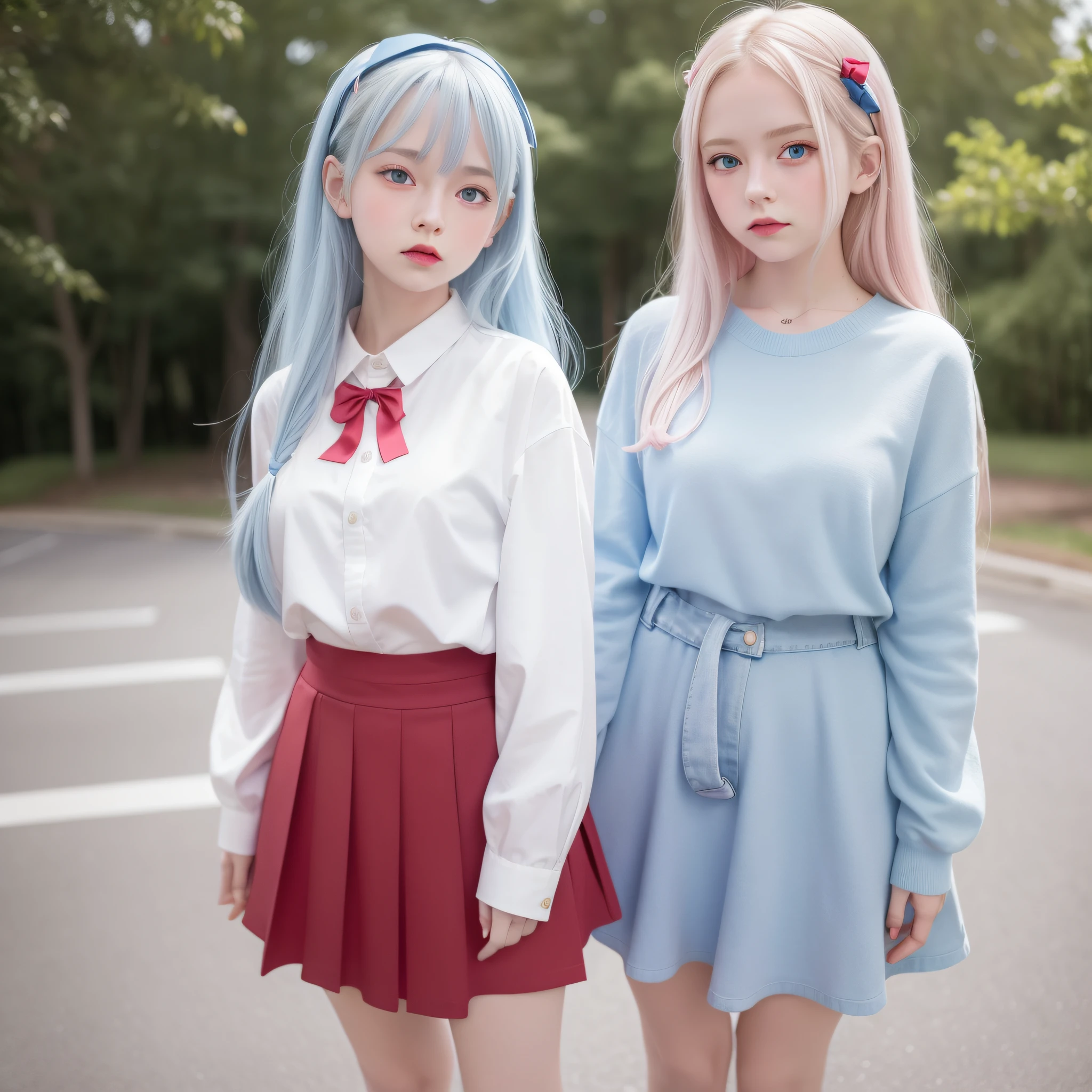 white girl realistic,beautiful,with long light blue hair to the waist,red lipstick,pink cheek,big blue eyes blue well together horizontally to the nose, school clothes white blouse with red bow and navy blue skirt,full body, , on blurry background in 10k resolution