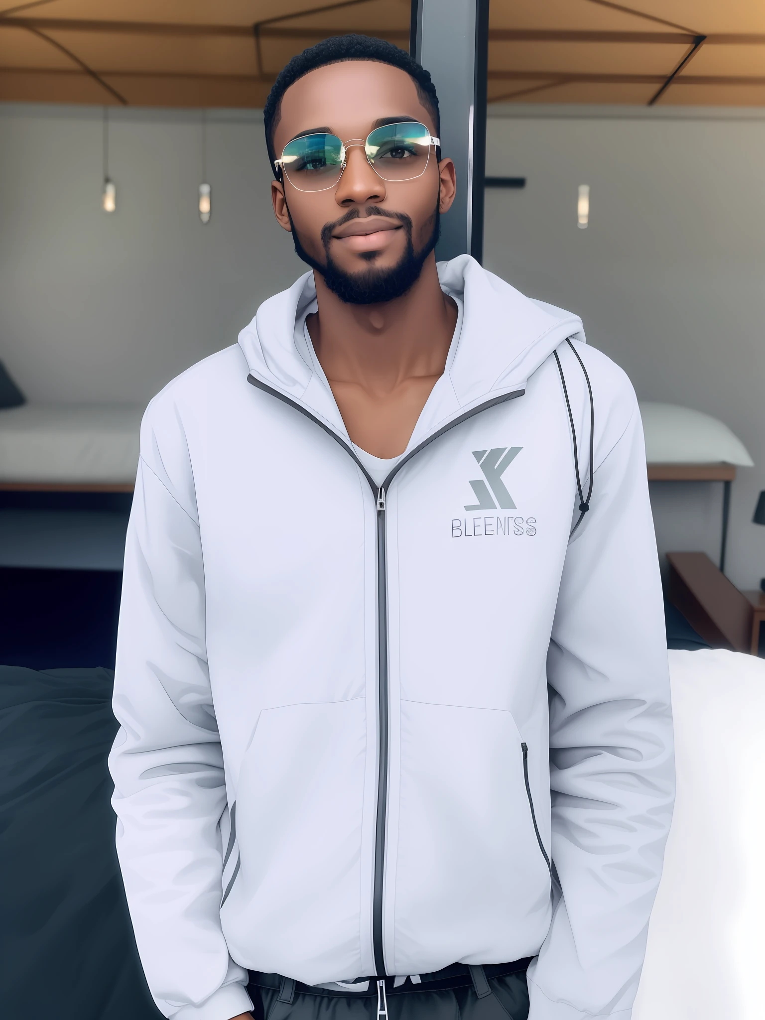 Black man, 24 years old skinny gorgeous, short black hair light brown eyes, thin beard, bottom sitting on the bed in the bedroom at night in sweatshirt and black pants