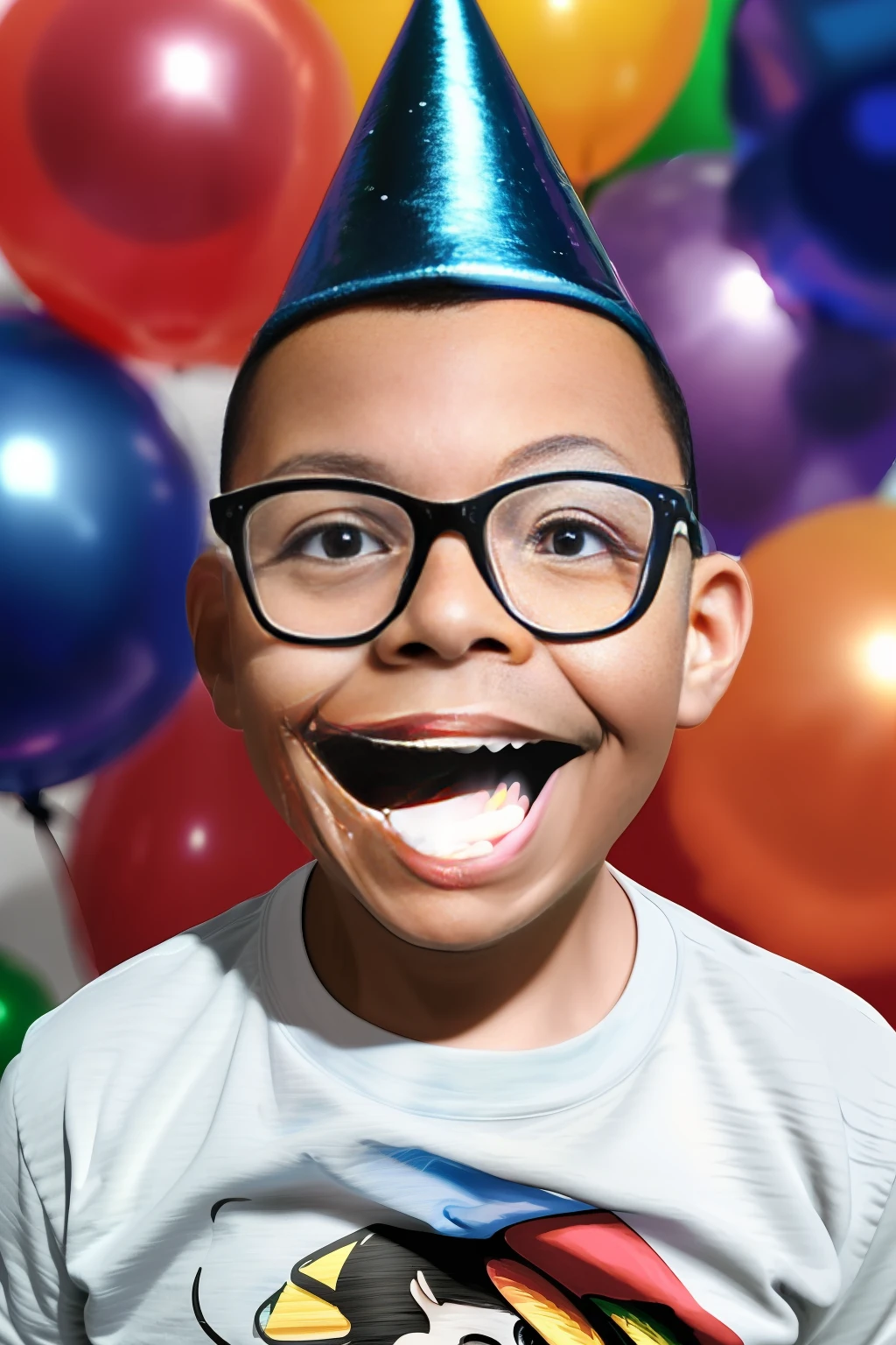 guttonerdvision5, (((illustration))) of a happy 3-year-old boy wearing glasses, wearing a birthday party hat, holding a party balloon. cinematic lighting, depth of field, uhd, (((illustration by Alex Ross)))