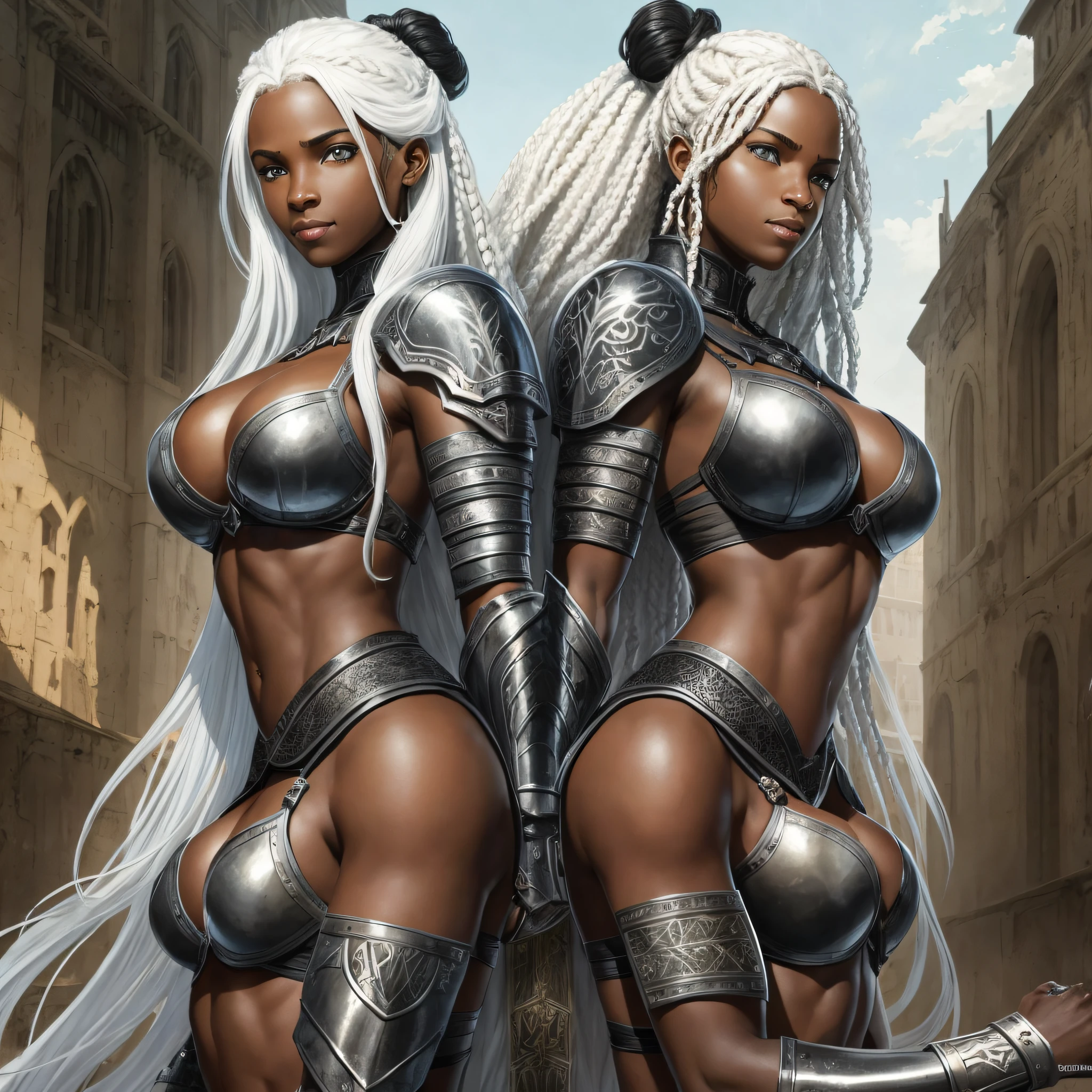 Represent the beauty and strength of two black twin sisters, with long curly white hair, black skin, full breasts and captivating smiles, wearing medieval light armor, displaying their determination and skill as medieval warriors, navel, beautiful detailed eyes, cinematic, designed by Greg Rutkowski, Yoji Shinkawa --auto --s2