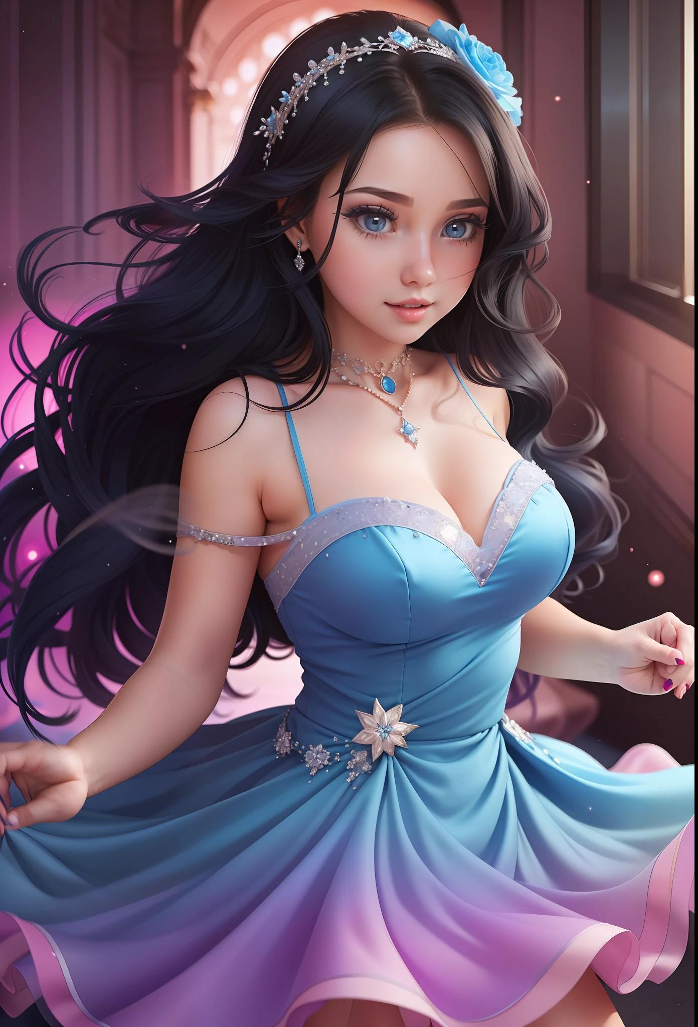 (a beautiful girl:1.2, chubby:1.1, wearing a beautiful dress:1.2, round blue:1.1, dancing:1.3, long black hair:1.2, dark eyes:1.1)