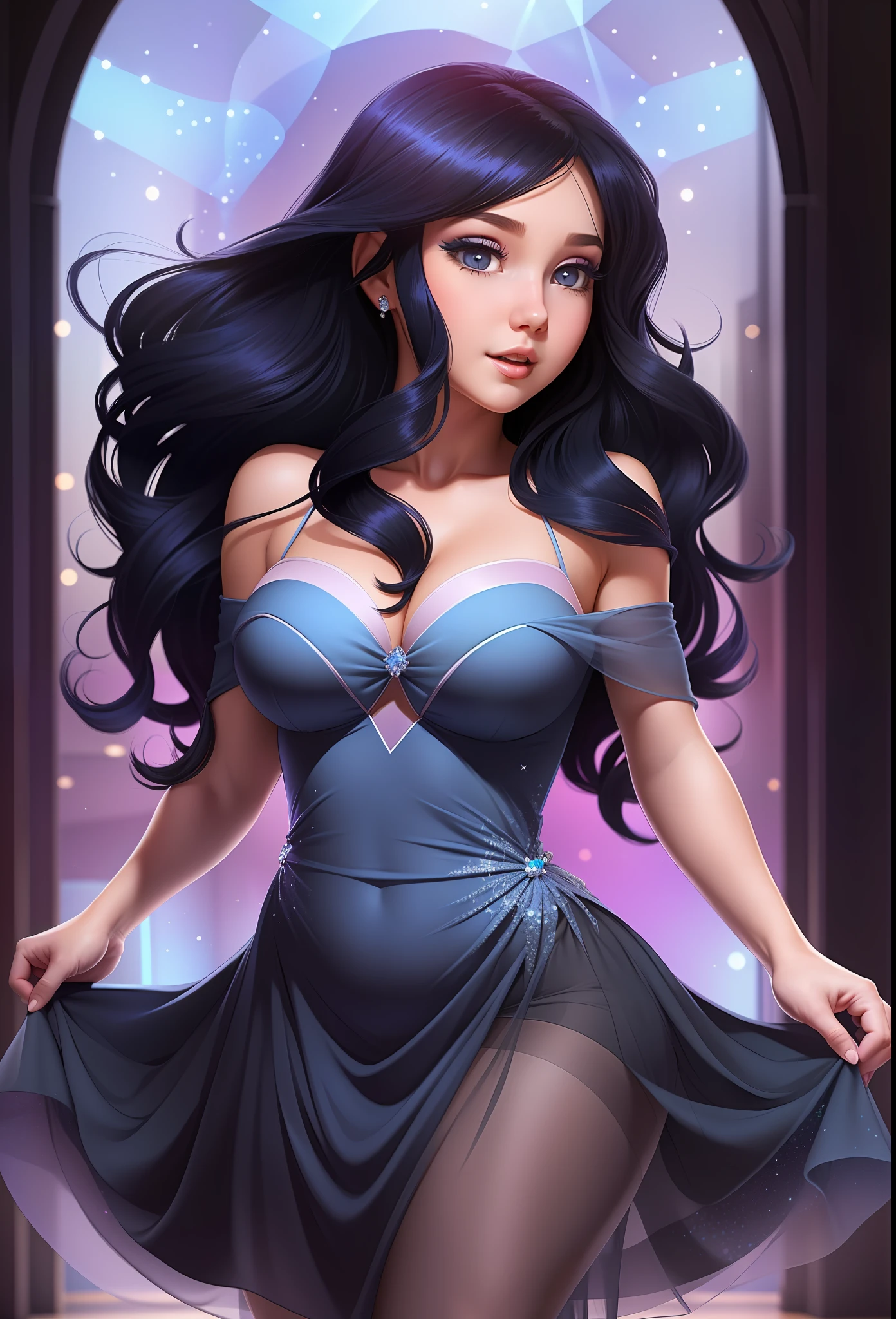 (a beautiful girl:1.2, chubby:1.1, wearing a beautiful dress:1.2, round blue:1.1, dancing:1.3, long black hair:1.2, dark eyes:1.1)