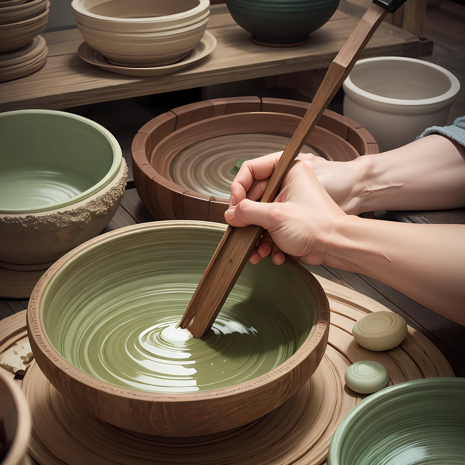 hands making a bowl on a wheel of potters, clay art, wet clay, made of clay, clay material, --auto --s2