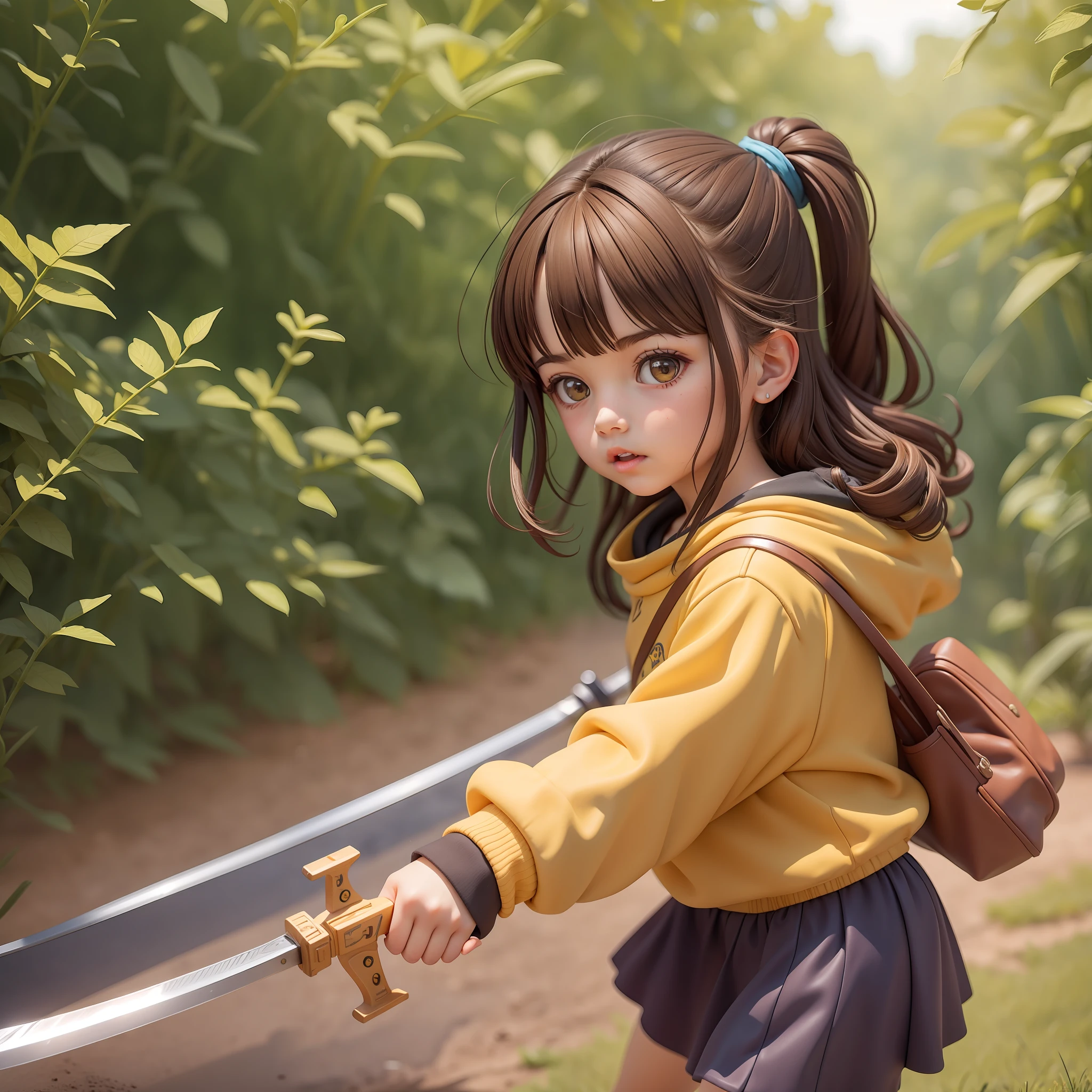 7--old l in yellow sweatshirt, dark brown hair, advancing into battle with a sword