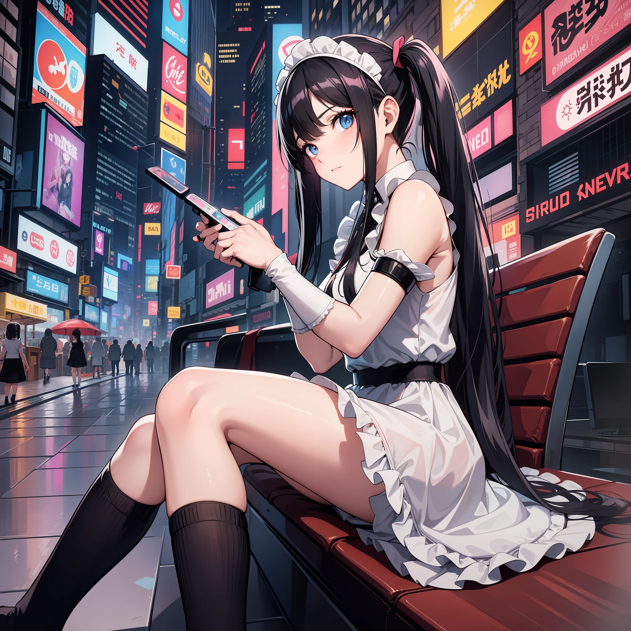 Adult Women, wear maid dress, long socks, perfect face, beautiful eyes, black Hair in two pigtails, sitting in chair, Night in cyberpunk city with lights, Wearing a headband