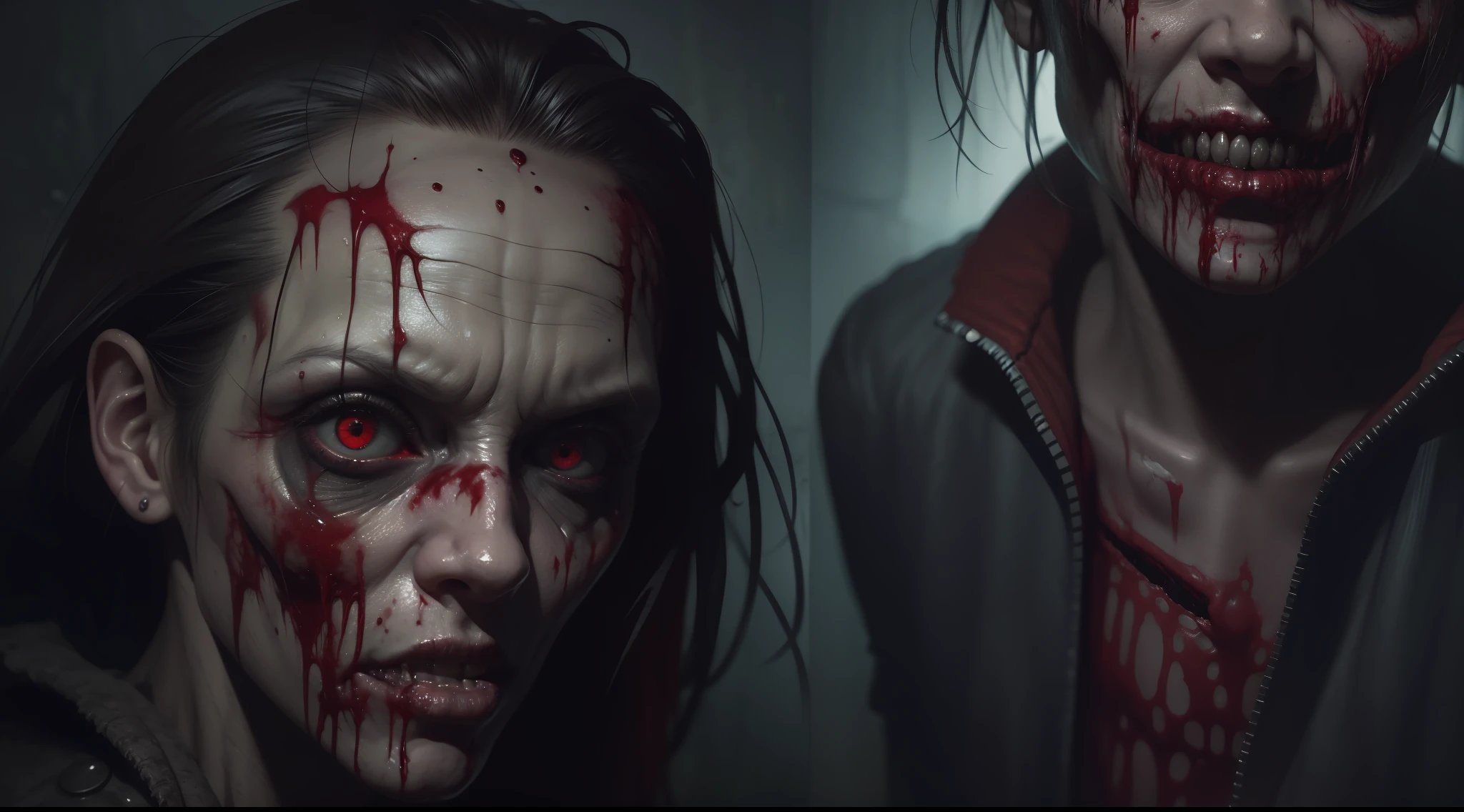 there is a creepy looking creature with blood on its face, detailed 4k horror artwork, zombie in horror concept art, resident evil virus concept art, horror!! highly detailed, horror concept art, highly detailed horror, horror cgi 4 k, creepy mutant flesh creature, hyperrealistic nightmare scene, photorealistic horror, photorealistic dark concept art, zombie from doom eternal
