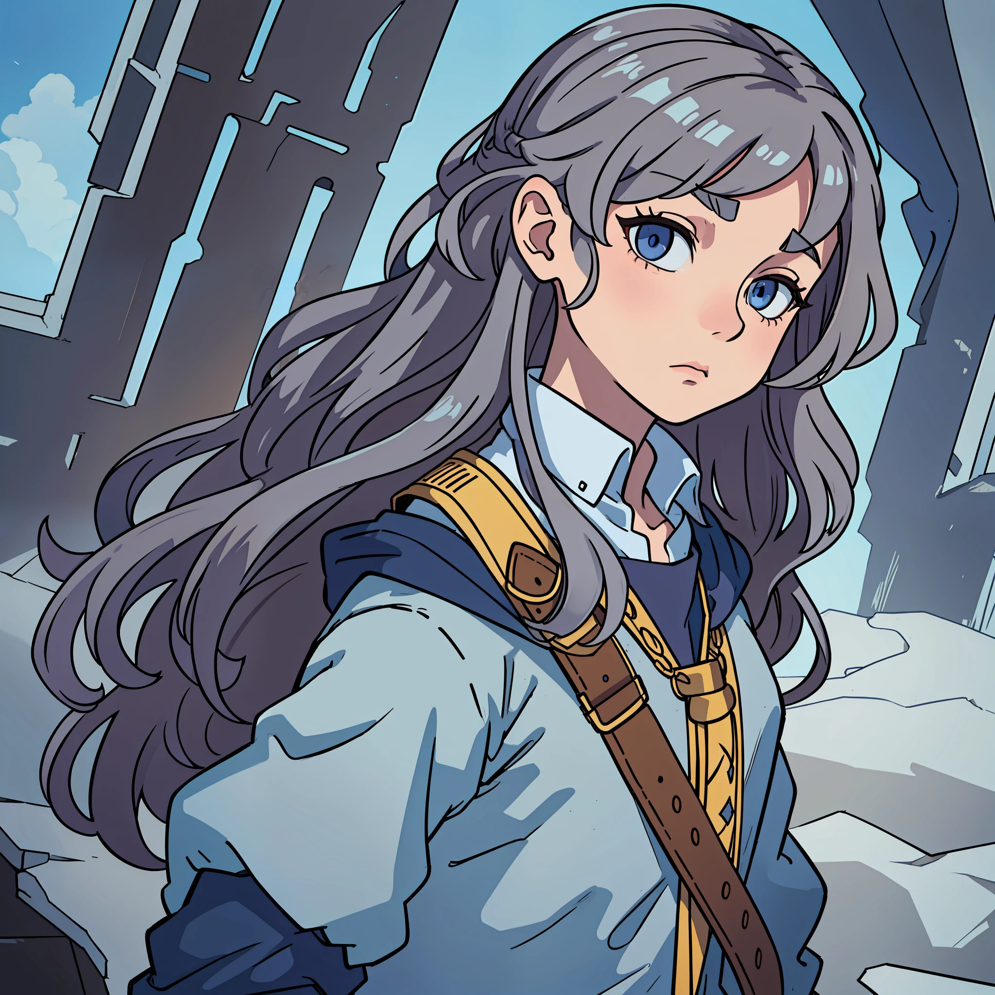 A character with pale, brown skin, wavy brown hair, very light blue eyes almost gray and clothes of medieval dark blue hair