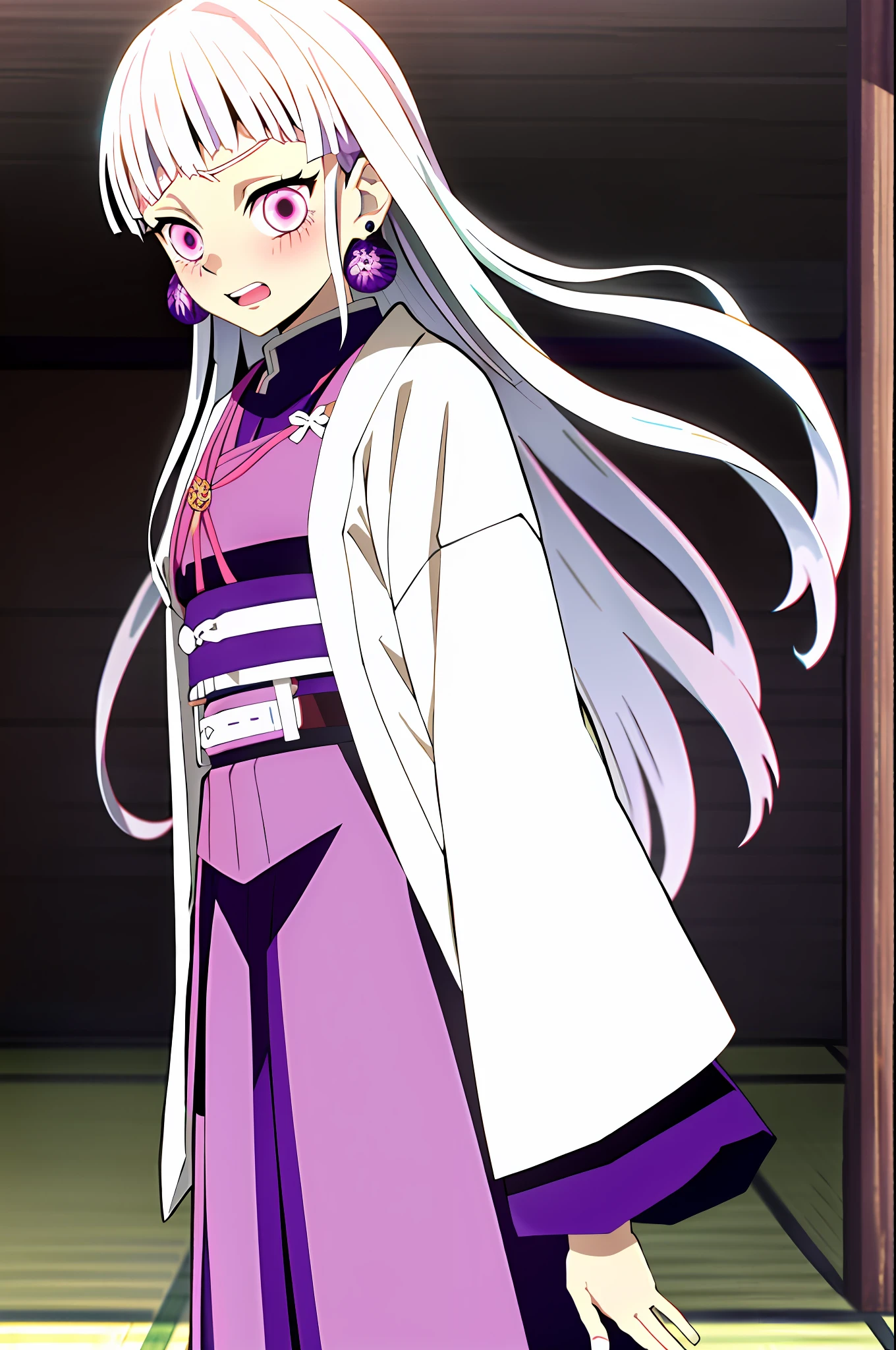 imetsu no Yaiba style, Original character , Demon Slayer Uniform, 1 girl, girl focus, Weapon, blush, Earrings, Teeth, Jewelry, skirt, colier , long white hair, Belt, dark purple skirt, Japanese clothing, Haori, Haori pink, Solo, Pink eyes, Long sleeves, Anime coloring, ((masterpiece)), Shy face,