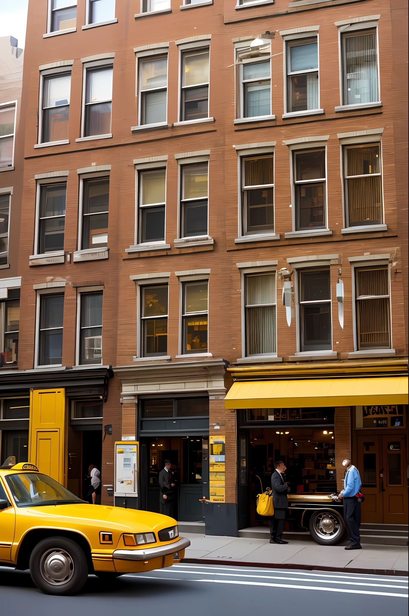 daytime photo, new york city, morning, (taxi Checker classic yellow standing in front of small building), (two infermeiros in front of the building with a wheelchair), (elderly woman with a suitcase), man, high detail, sharp focus, (photorealism), realistic, best quality, 8k, proper proportion, focus defect, no distortions, 100% rendering, award-winning, dramatic lighting, epic, cinematic, masterpiece, Dutch angle, depth of field