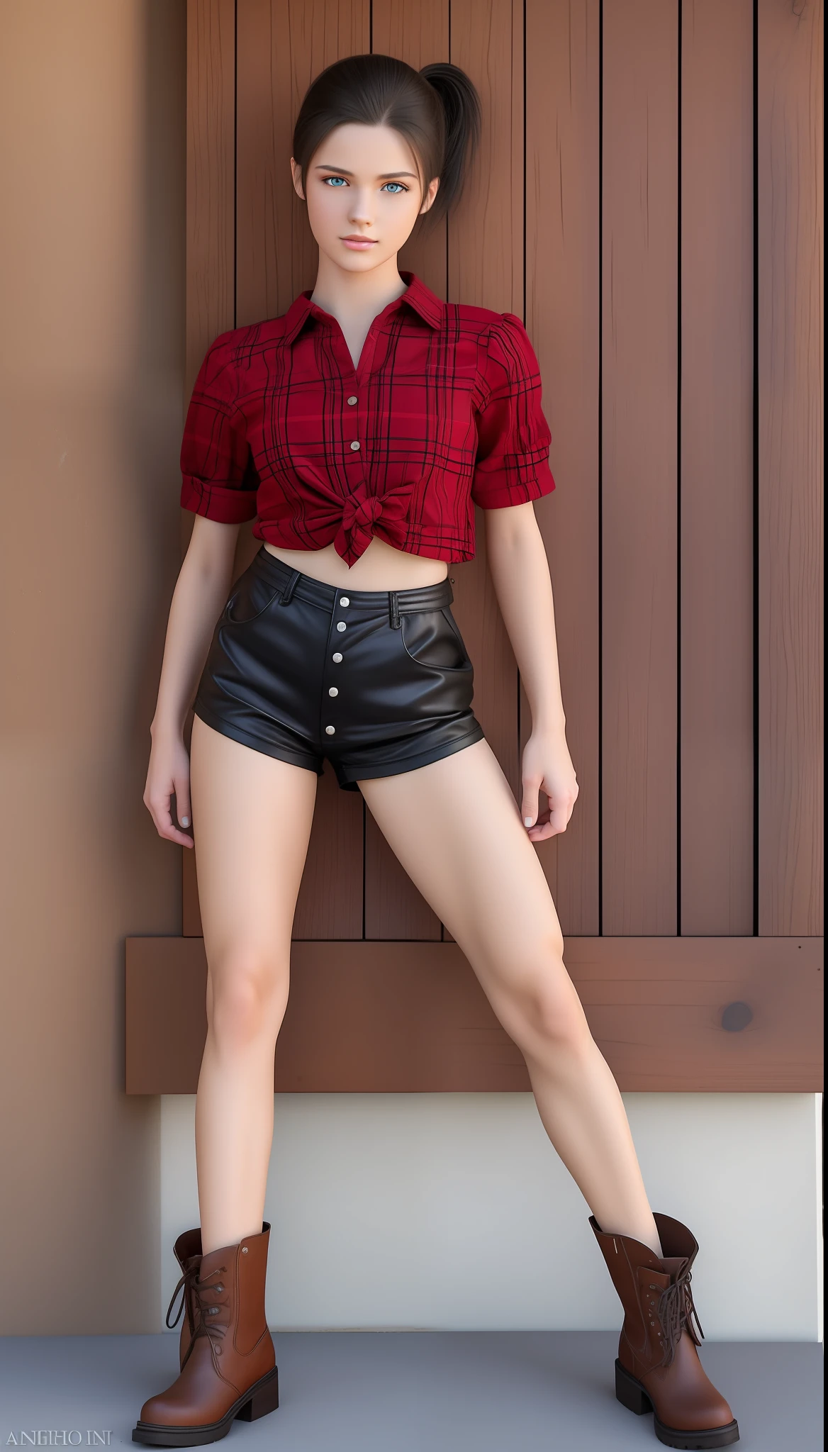 masterpiece, best quality, ultra detailed, realistic, 8k, high definition, realistic and detailed skin texture, a woman standing and front, 18 years old, beautiful, white, skinny, black hair, double ponytail, blue eyes, short high-waisted shorts, plaid blouse in red and black colors with a knot in the front,  short brown leather boots,
