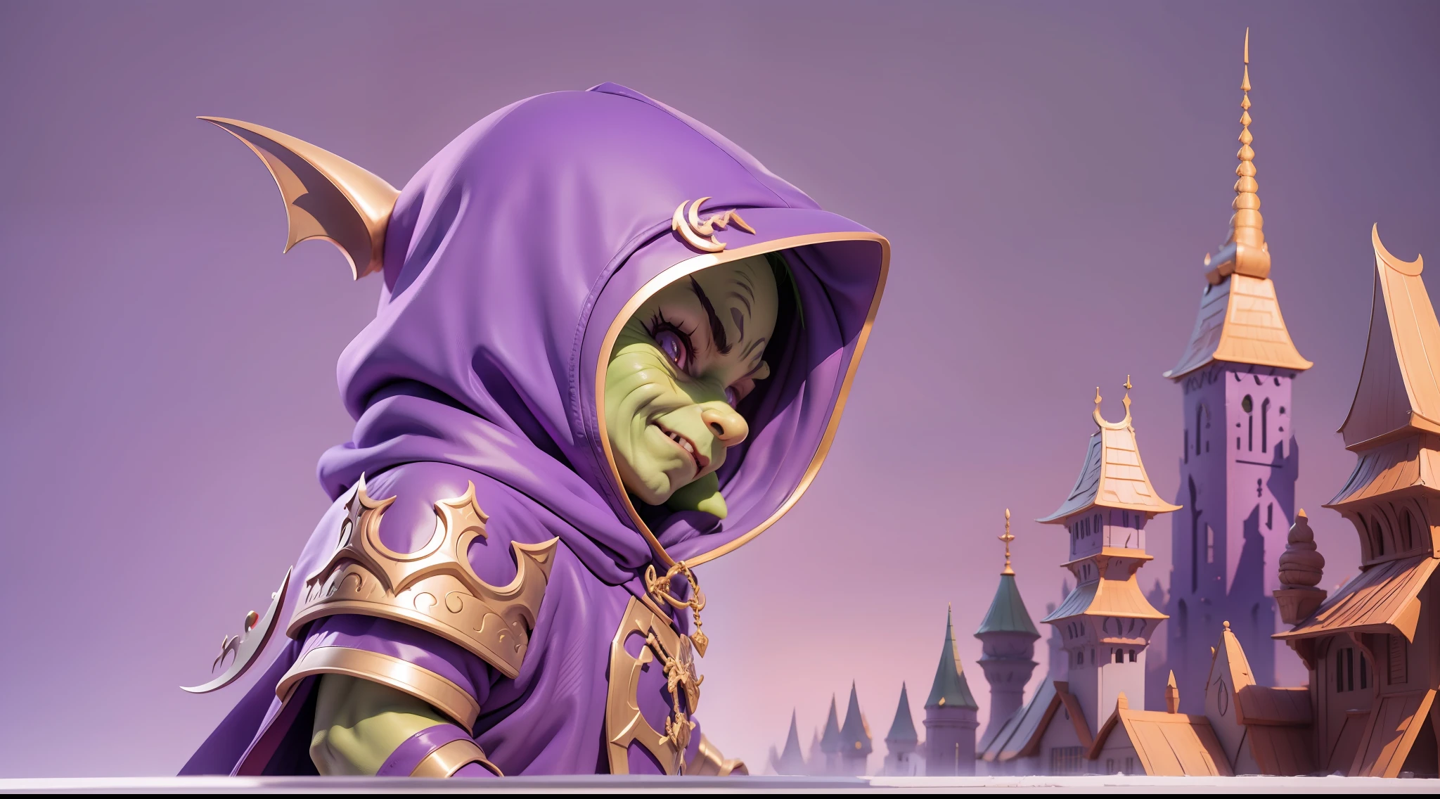 Goblin villain who wears a purple hood going into battle, profile sideways as if going to run
