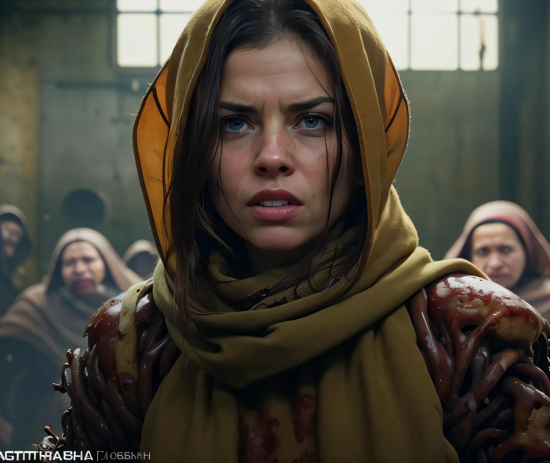 brutal style, masterpiece, best quality, 8k, artstation, sharp focus, ultrarealistic, high details, raw photo of angry beautiful woman inside secret underground biohazard lab (slaughtered by group of infected babushkas:1.3), (medium shot), ((backround defocused)):1.7, (((depth of field))):1.8, warm ambient lighting