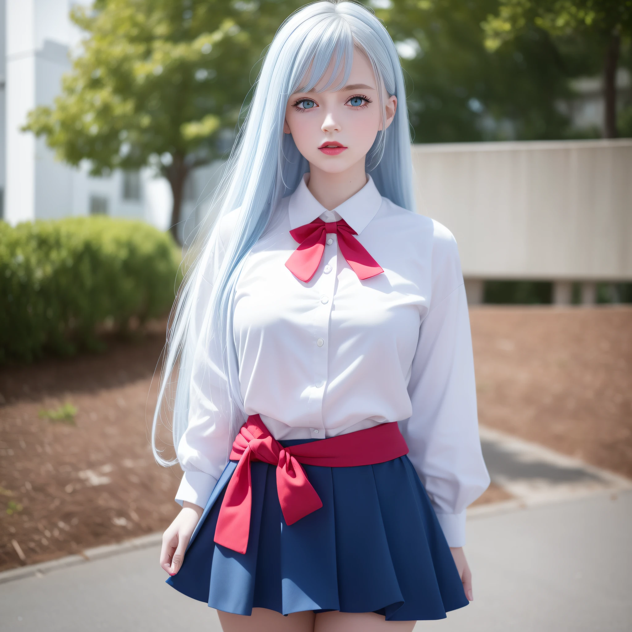 white girl  realistic,beautiful,with long light blue hair to the waist,red lipstick,pink cheek,big blue eyes blue well together horizontally to the nose, school clothes white blouse with red bow and navy blue skirt,full body, , on blurry background in 10k resolution