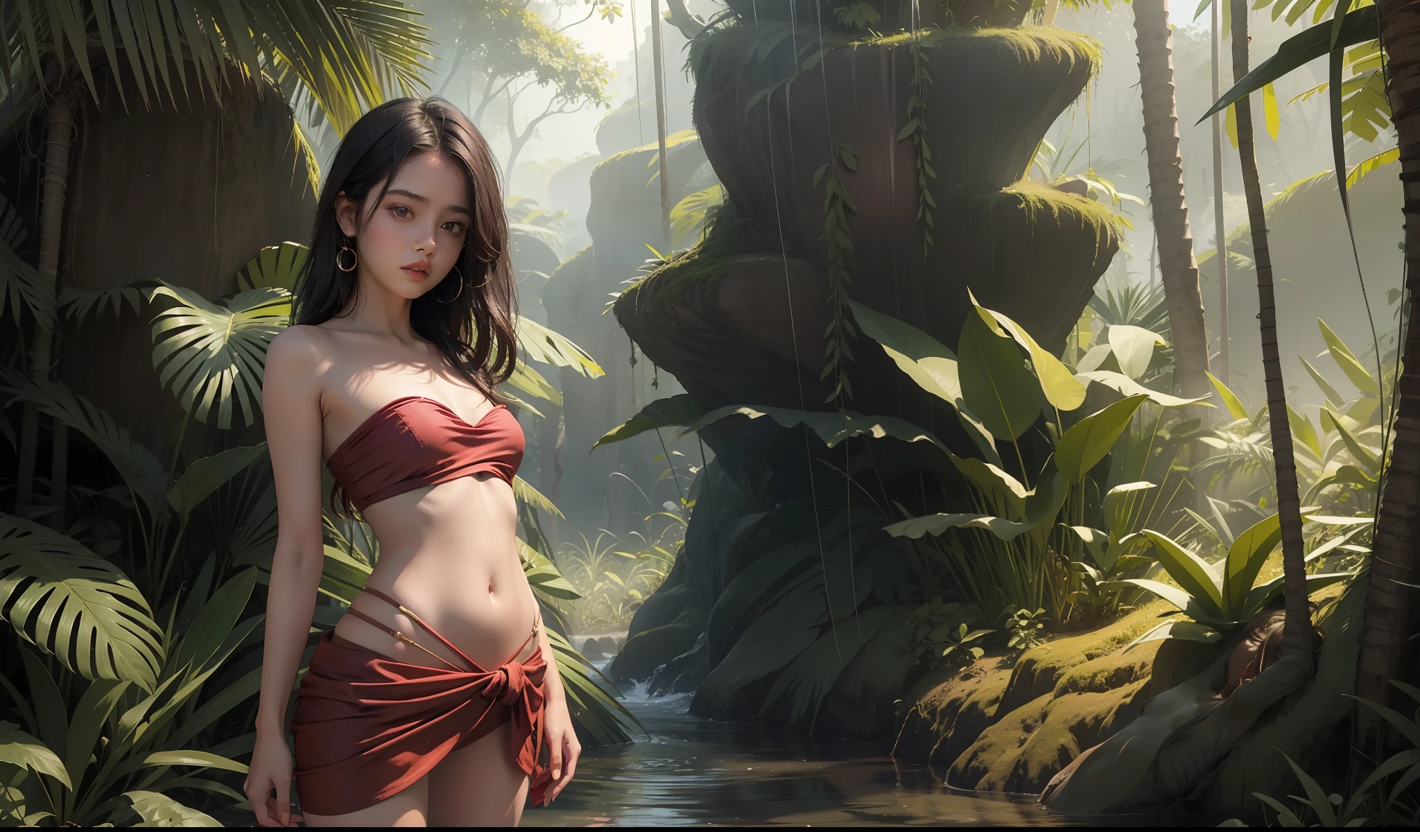 On sky, concept art, small chest, hips, look at viewer, standing in center,  SEDUCTIVE, shy blush face, sexual expression, 1 Indian girl, wearing sexy strapless dress, bare shoulder, chest exposed, unconcerned, NSFW, quality, contrast, dark, little chubby, in middle of jungle, beautiful dence jungle,