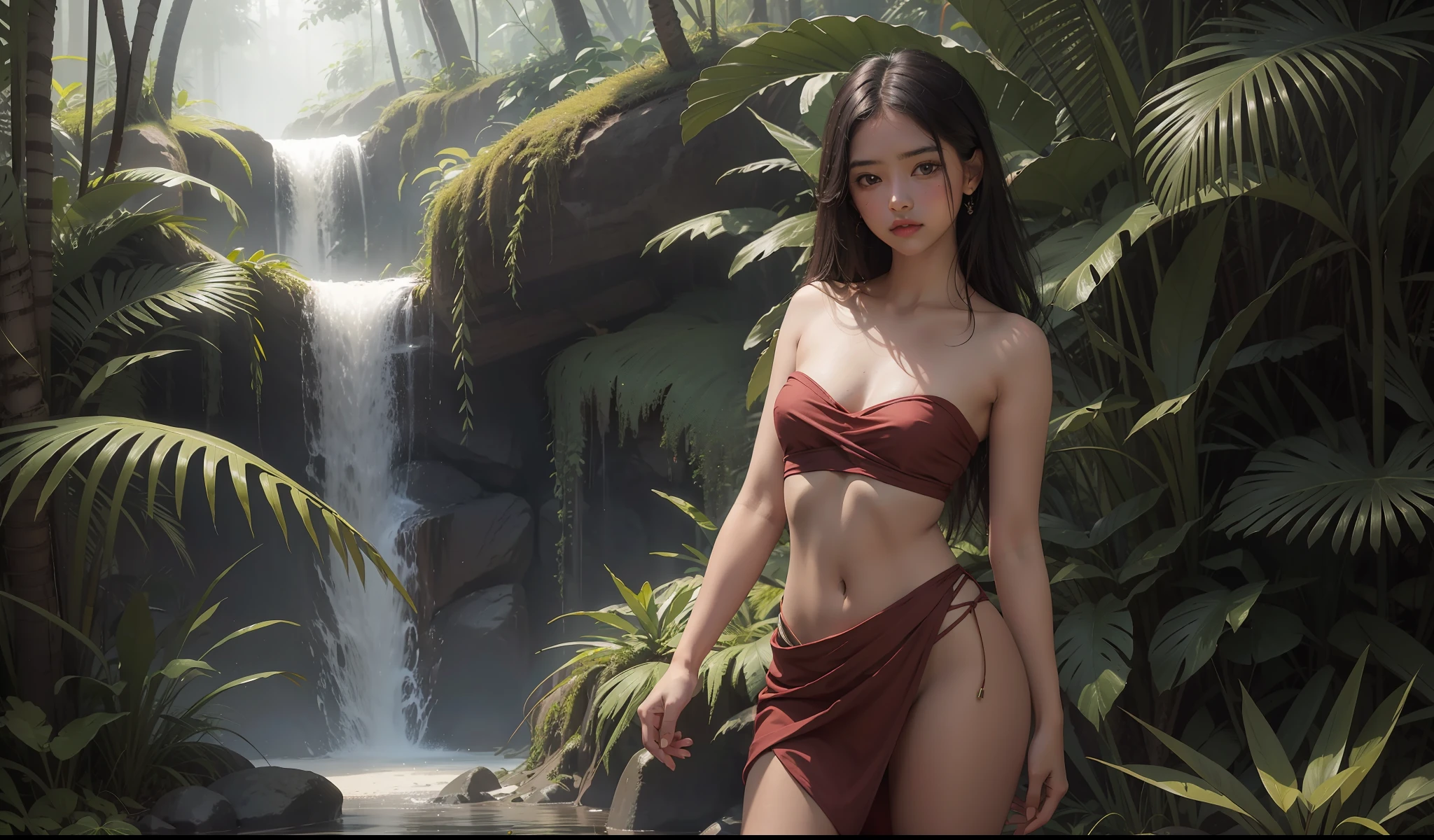 On sky, concept art, small chest, hips, look at viewer, standing in center, SEDUCTIVE, shy blush face, sexual expression, 1 Indian girl, wearing sexy strapless dress, bare shoulder, chest exposed, unconcerned, NSFW, quality, contrast, dark, little chubby, in middle of jungle, beautiful dence jungle,