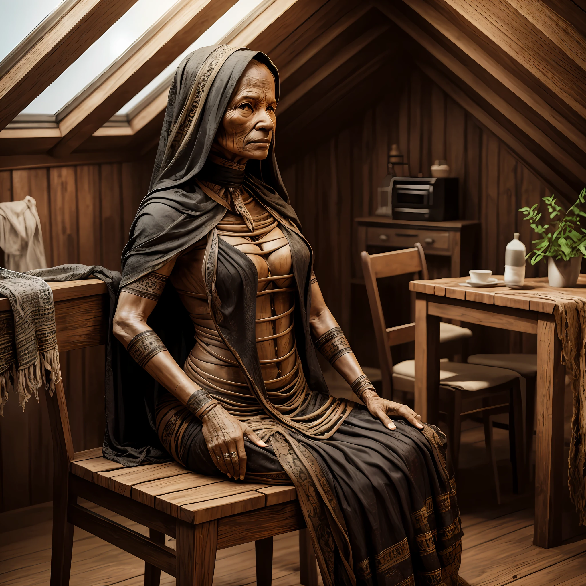 4k, realistic, mummified woman, blackened and wrinkled skin, loose hair, sitting on a wooden chair, inside an attic, om colorful hype style clothing