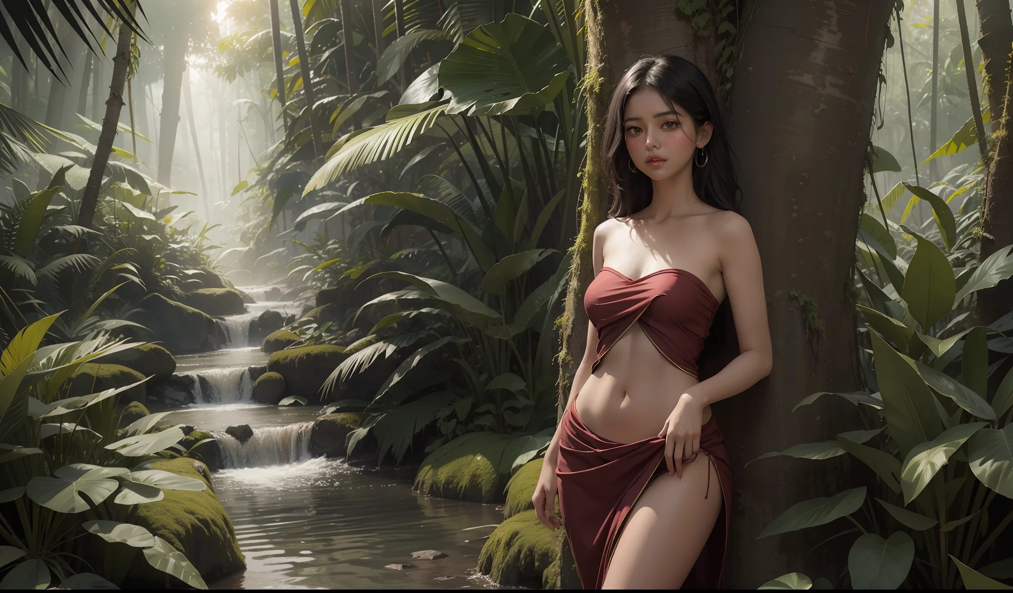 On sky, concept art, small chest, hips, look at viewer, standing in center, SEDUCTIVE, shy blush face, sexual expression, 1 Indian girl, wearing sexy strapless dress, bare shoulder, chest exposed, unconcerned, NSFW, quality, contrast, dark, little chubby, in middle of jungle, beautiful dence jungle,