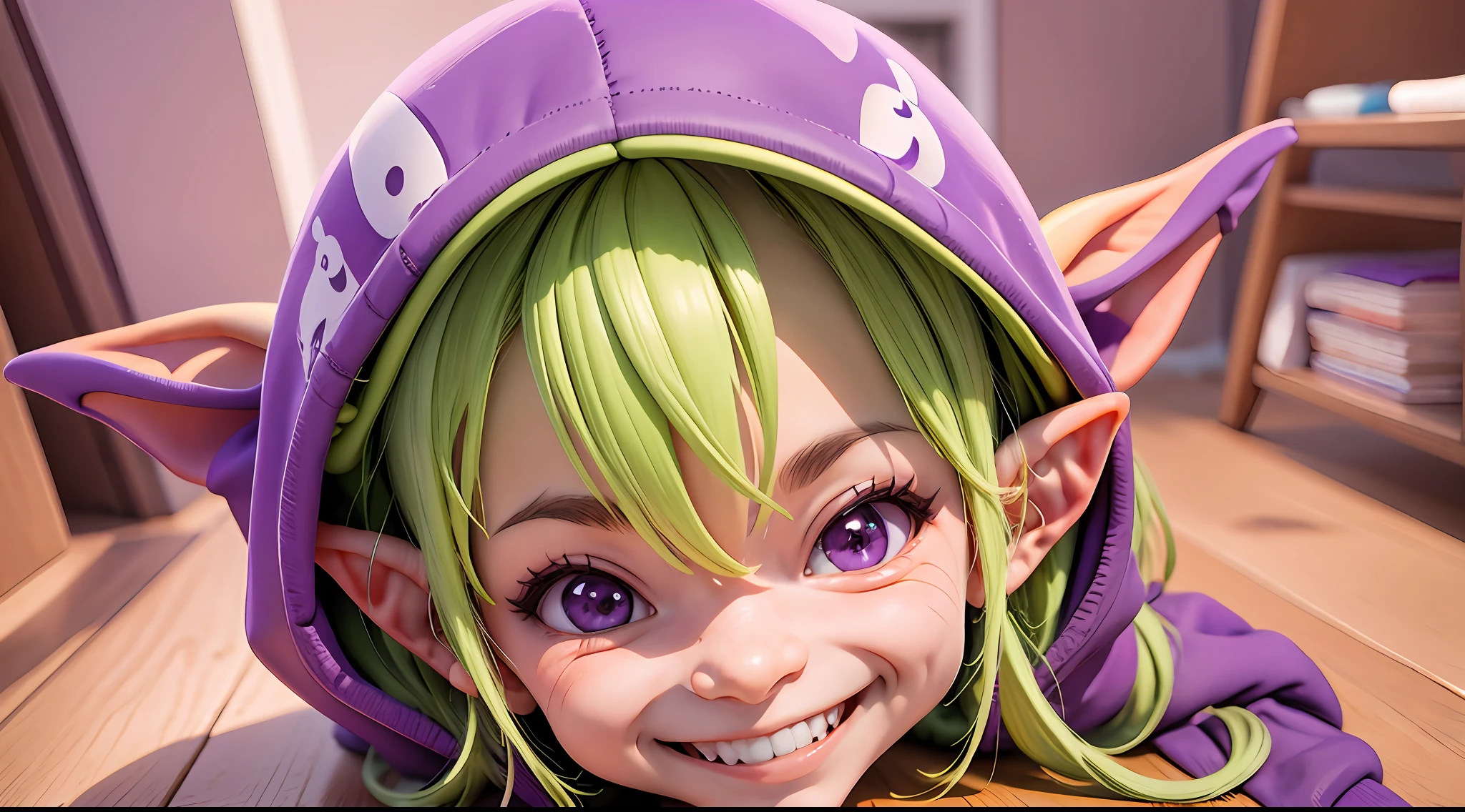 Goblin wearing a purple hoodie smiling happily