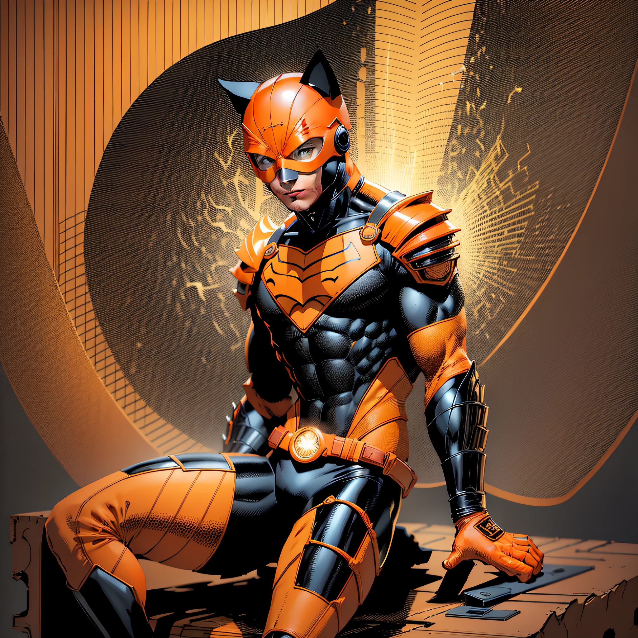 Cute young man 22 years old,orange mask with feline ear,orange brusa,black long sleeves,orange glove,orange belt,black pants,orange boot,super hero,sitting,running,white background --seed3304890780