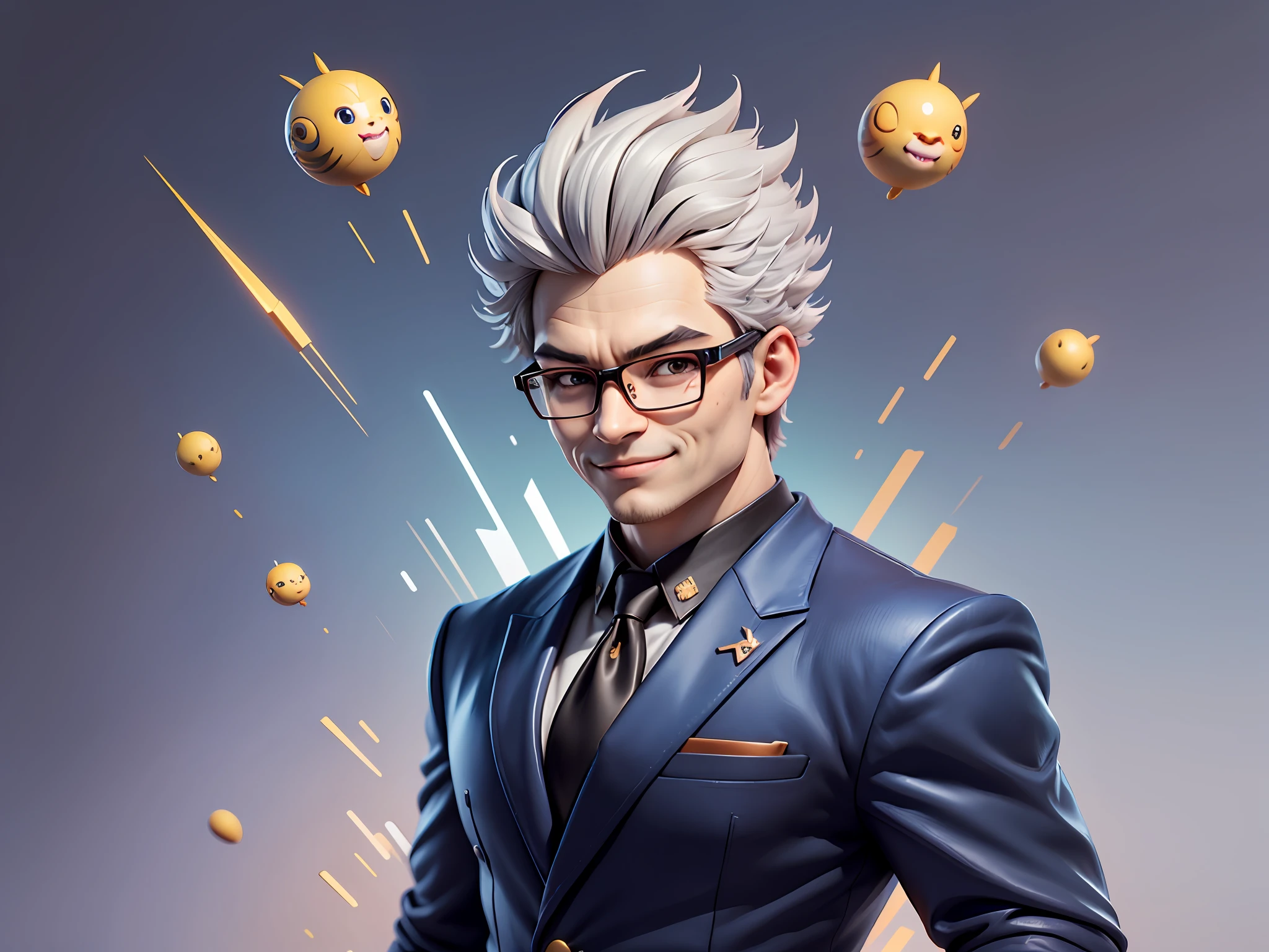 (Masterpiece), (Extreme Quality), (Super Meticulous), (Full Body: 1.2), Super Young Man, Chinese Dragon, Tiger, Wind God Thor, Sexy, Bursting, Oriental Face, TV Anchor, Bust Portrait Illustration, Black Formal Suit, Blue Tie, Slightly Chubby Face, Silver Glasses, Very Clean Face, No Beard on Chin, Black Super Short Hair, Black Eyes, Confident Smile, 3c Computer Sub-Products, iPad, iPhone, Digital Painting, 3D Character Design by Mark Claireden and Pixar and Hayao Miyazaki and Akira Toriyama, The illustration is a high-definition illustration in 4K resolution with very detailed facial features and cartoon-style visuals.
