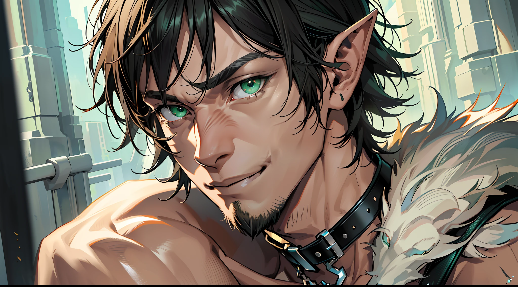 (absurdres, highres, ultra detailed), (1 solo male) 1 male, elf adult, handsome, tall slender guy, narrow eyes, narrow shoulders, finely detailed eyes and detailed face, messy shaggy black hair, side bangs, bangs, green eyes, sexy twink, shirtless, final fantasy 14, dog collar, full body shot, smug smile