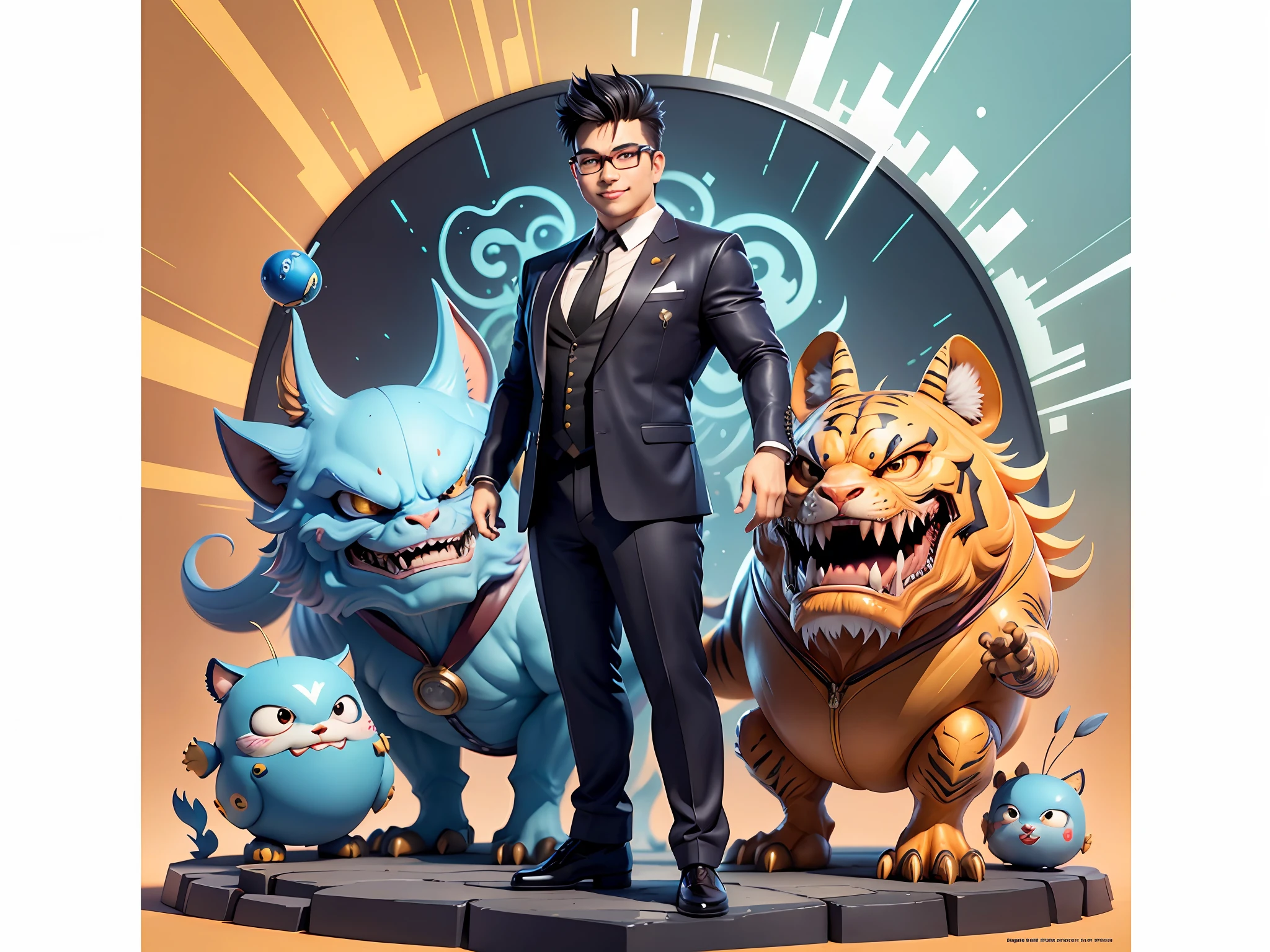 (Masterpiece), (Extreme Quality), (Super Meticulous), (Full Body: 1.2), Super Young Man, Chinese Dragon, Tiger, Wind God Thor, Sexy, Bursting, Oriental Face, TV Anchor, Bust Portrait Illustration, Black Formal Suit, Blue Tie, Slightly Chubby Face, Silver Glasses, Very Clean Face, No Beard on Chin, Black Super Short Hair, Black Eyes, Confident Smile, 3c Computer Sub-Products, iPad, iPhone, Digital Painting, 3D Character Design by Mark Claireden and Pixar and Hayao Miyazaki and Akira Toriyama, The illustration is a high-definition illustration in 4K resolution with very detailed facial features and cartoon-style visuals.