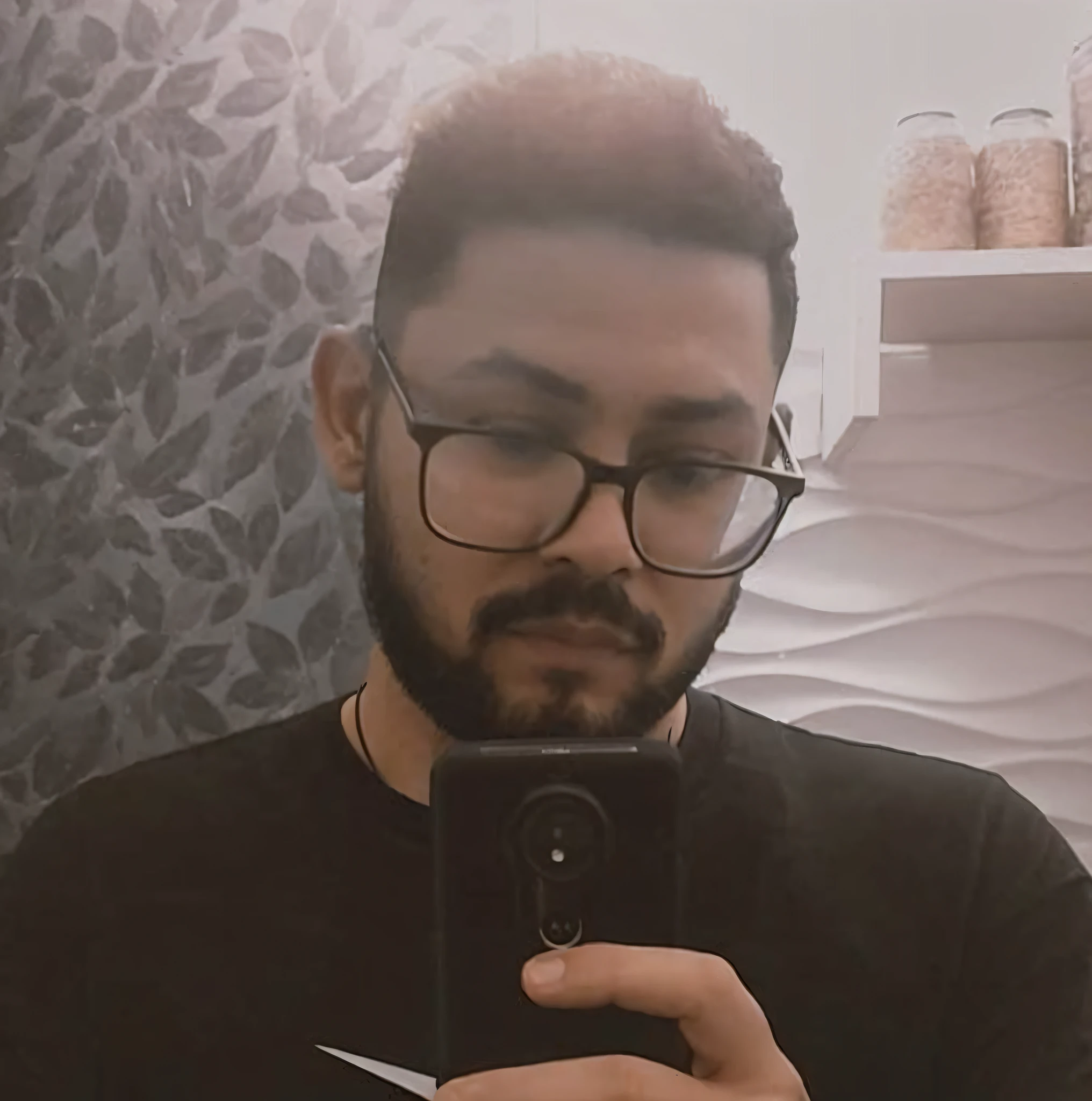 there's a man who's looking at his phone, with a small beard, glasses and goatee, no beard, no beard and mustache, with nerdy glasses and goatee, inspired by Antonio Parreiras, short beard, trimmed beard, front photo, no beard, using spiky selfie, mirrored, short beard, with a cyberpunk background, cybernetic background, futuristic tokyo, 8k quality, rounded Harry Potter style glasses