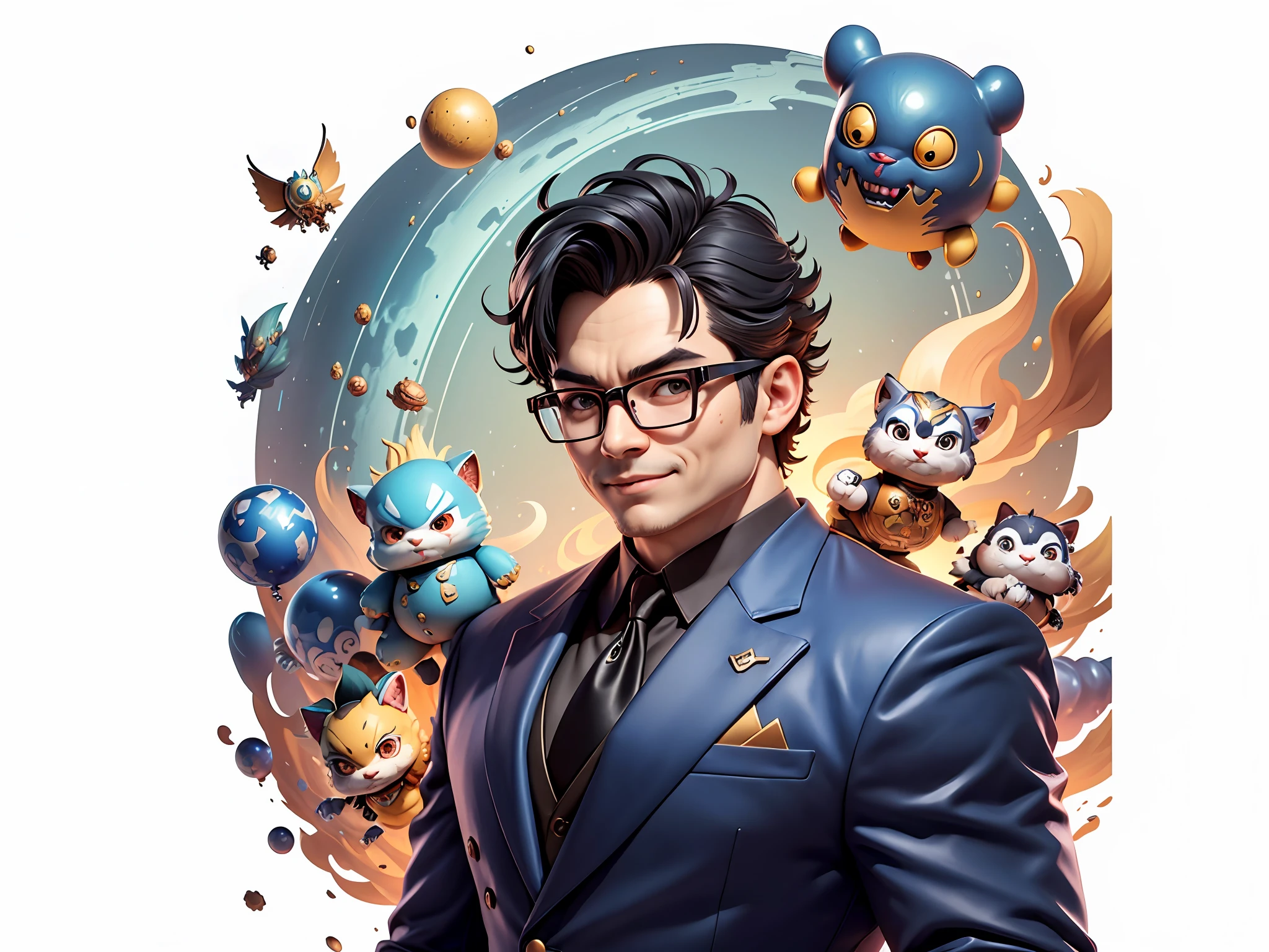 (Masterpiece), (Extreme Quality), (Super Meticulous), (Full Body: 1.2), Super Young Man, Chinese Dragon, Tiger, Wind God Thor, Sexy, Bursting, Oriental Face, TV Anchor, Bust Portrait Illustration, Black Formal Suit, Blue Tie, Slightly Chubby Face, Silver Glasses, Very Clean Face, No Beard on Chin, Black Super Short Hair, Black Eyes, Confident Smile, 3c Computer Sub-Products, iPad, iPhone, Digital Painting, 3D Character Design by Mark Claireden and Pixar and Hayao Miyazaki and Akira Toriyama, The illustration is a high-definition illustration in 4K resolution with very detailed facial features and cartoon-style visuals.