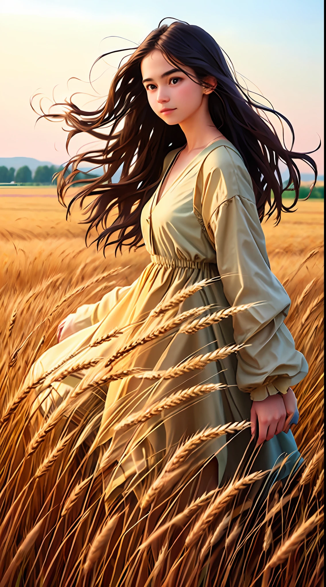 beautiful girl, in a wheat field, graceful, aesthetic