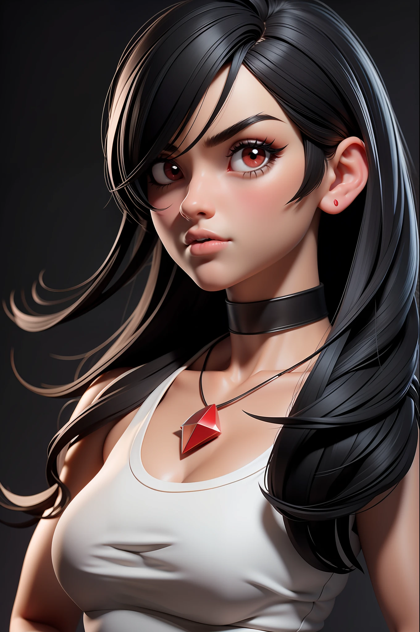 masterpiece, best quality,3d rending work ,3DMM style,close-up,portrait, 3D,1girl, solo, black hair, necklace, jewelry, looking to the side, realistic, upper body, simple background, bangs, looking away, long black hair, parted lips, choker, makeup, mole, white tank top, red eyes, tifa lockhart