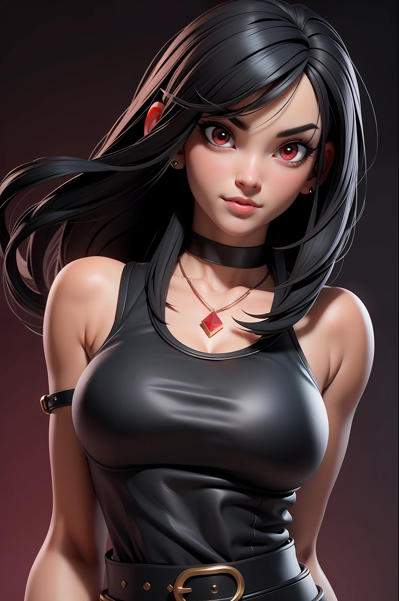 masterpiece, best quality,3d rending work ,3DMM style,close-up,portrait, 3D,1girl, solo, black hair, necklace, jewelry, looking to the side, realistic, upper body, simple background, bangs, looking away, long black hair, parted lips, choker, makeup, mole, white tank top, red eyes, tifa lockhart