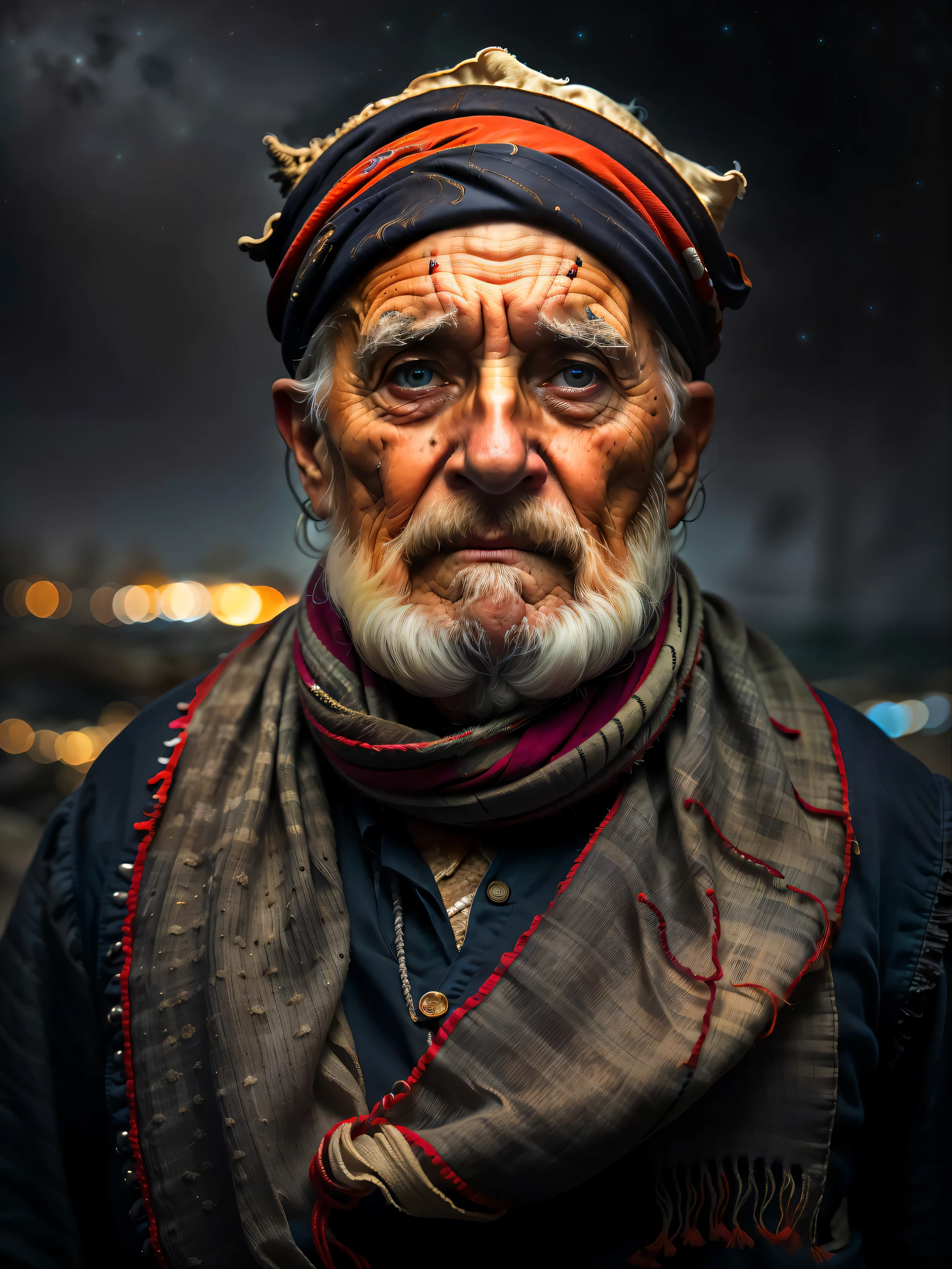 award winning upper body portrait photo of an old screaming sailor, wearing scarf, eyes looking upwards, (bokeh:0.7), sidelit, (clean wrinkled face in detail:0.7), telephoto, moonlit, torchlit, atmosphere, oceanic night exterior, realistic, intricate details, true aged skin texture