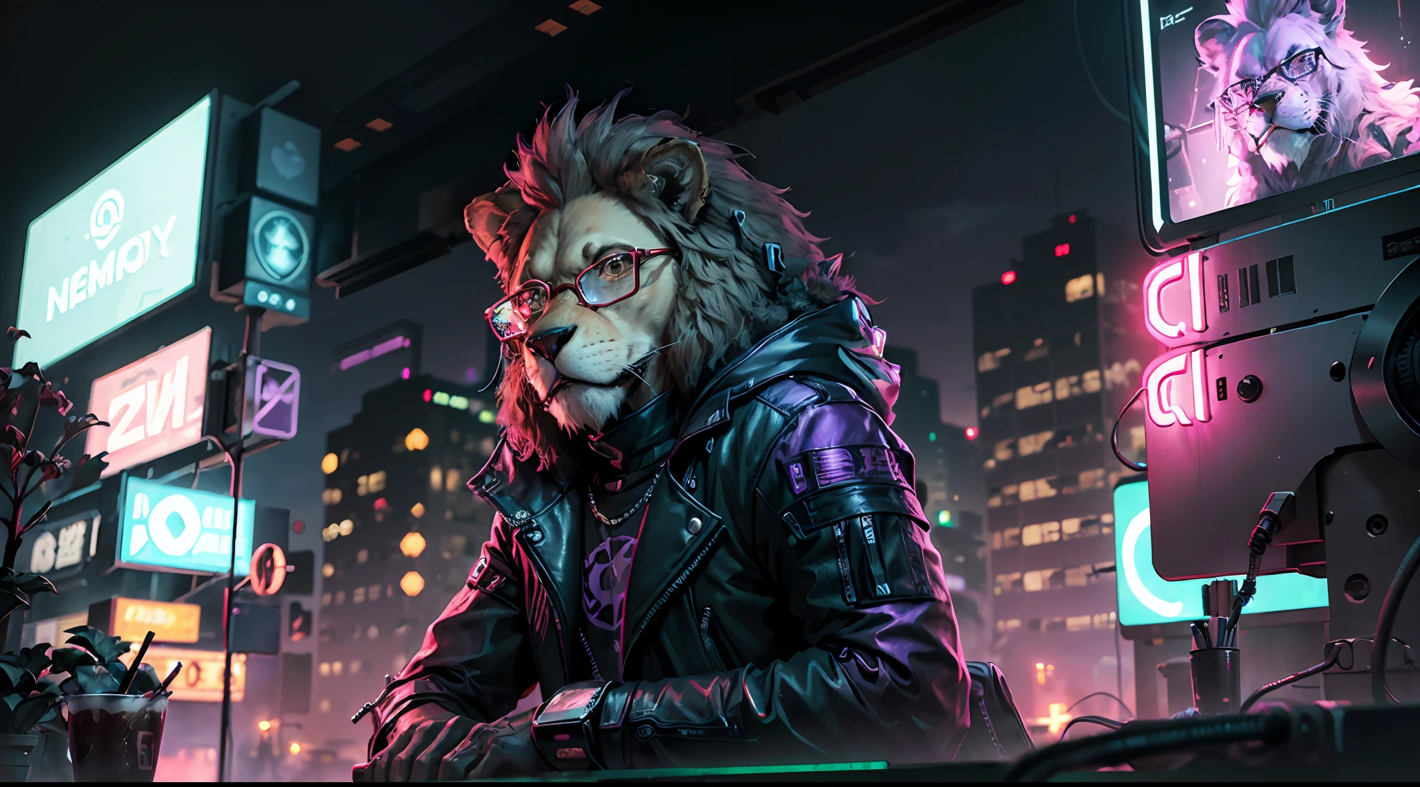 ((furry, anthropomorphic lion, best quality: 1.2), (muzzle:1.2), male, (lion ears:1.1), (gynomorph:1.4), ((red glasses)), ((best quality)), ((masterpiece)), (highly detailed: 1.3), 3D, NeonNoir, cyberpunk male, (hi-tech arm: 1.2), wearing a leather jacket, obre a bridge looking at a city, PURPLE NEON LIGHT FROM THE CITY SIGNS MONITOR, GREEN NEON SIGNS ON THE WALL,  CYBER ARM