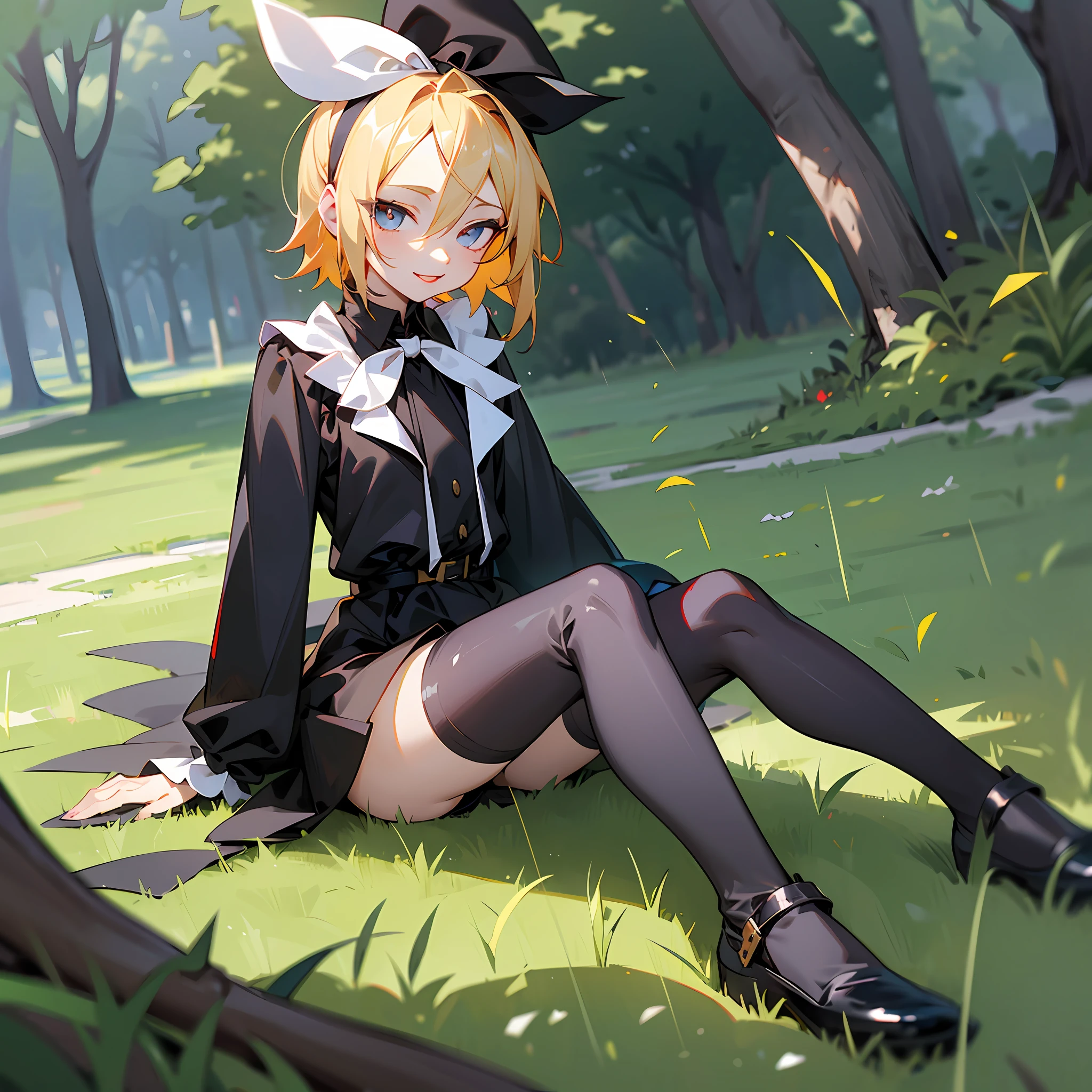 Kagamine rin, knee-length black dress, blue eye and red eye, black tights, sitting on the grass, blond hair, red lips, sweet smile --auto --s2