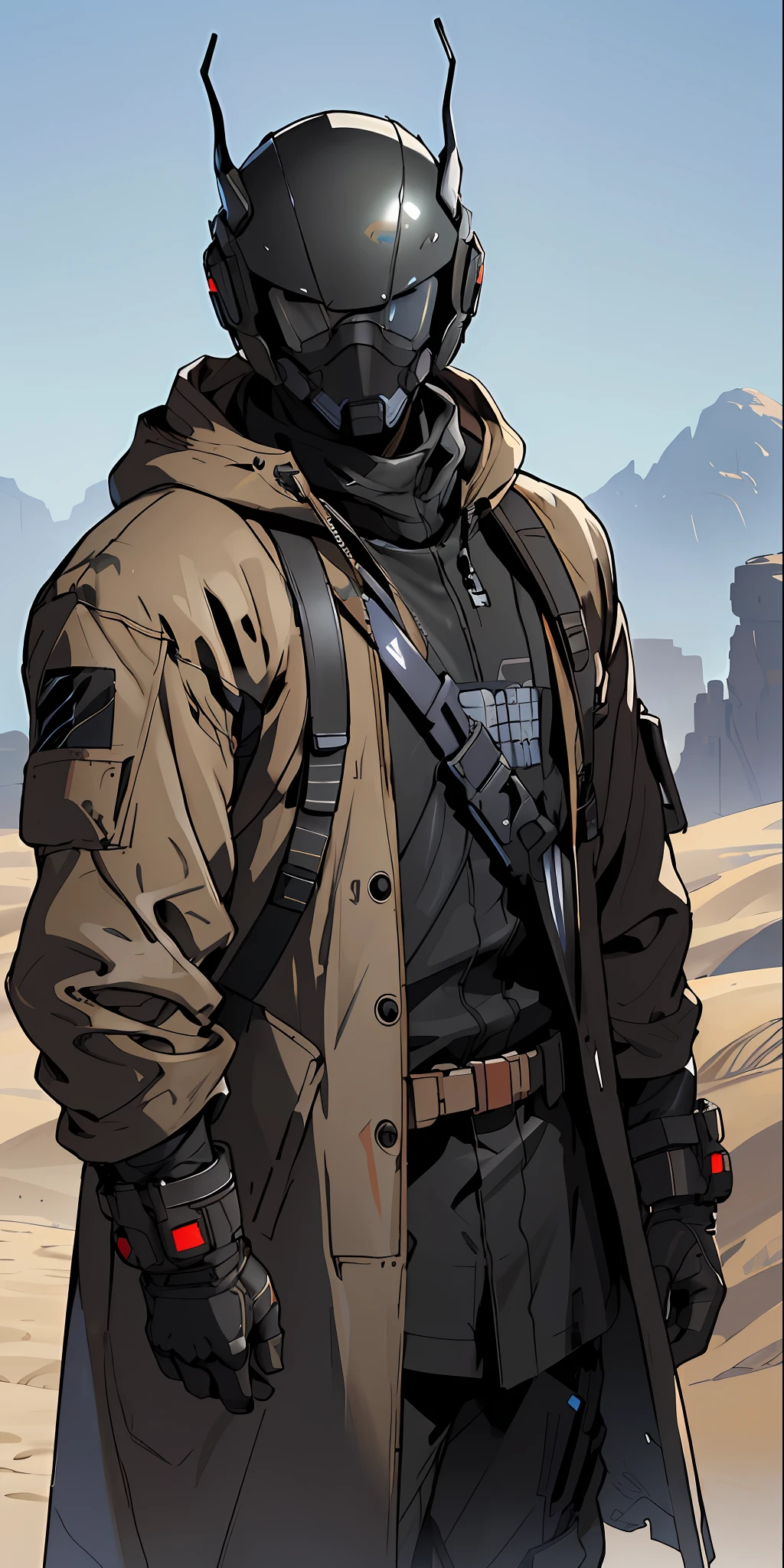 arafed man in a black and brown outfit standing in a desert, makoto shinkai ( apex legends ), death stranding art style, metal gear solid art style, jetstream sam from metal gear, apex legends concept art, raiden metal gear, desert breathing armor, detailed digital concept art, amazing 8k character concept art, clothed in stealth armor