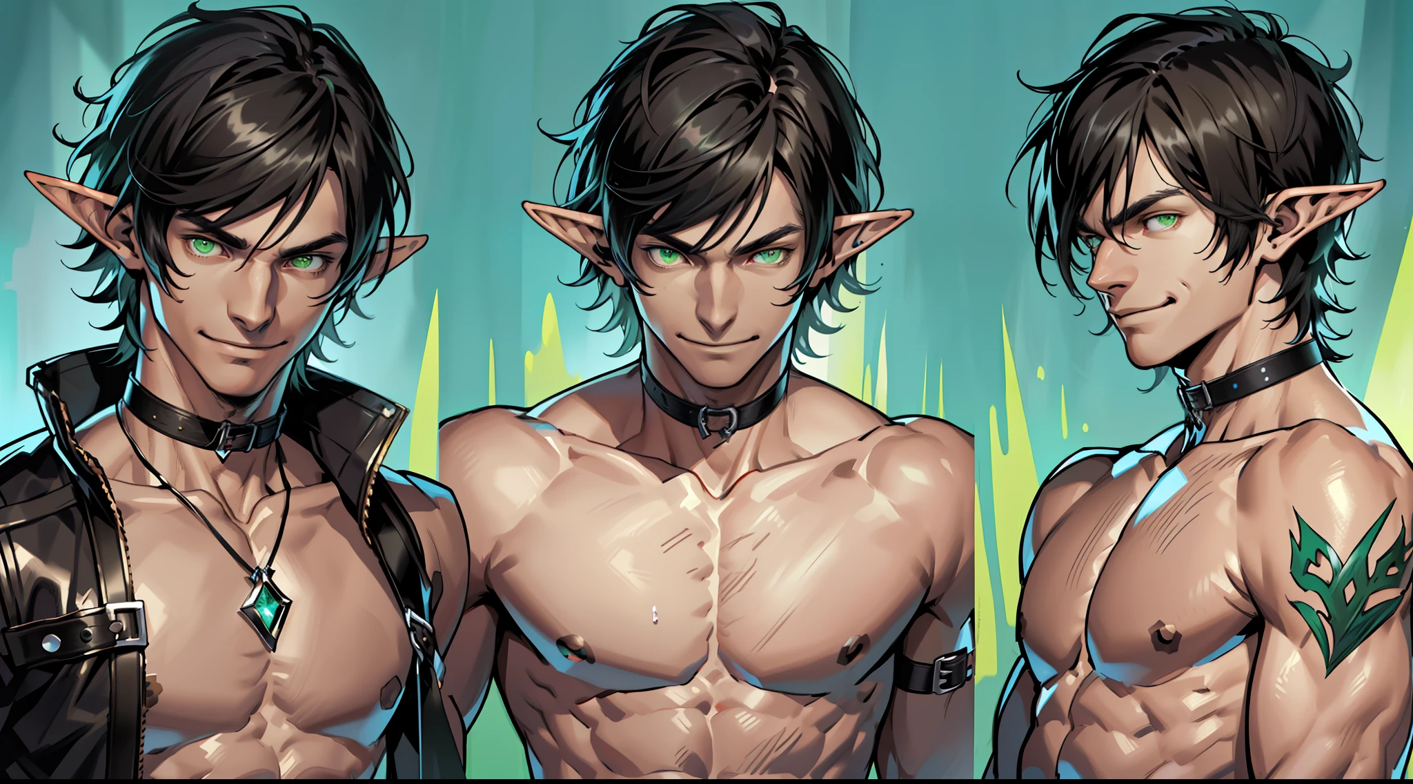 (absurdres, highres, ultra detailed), (1 solo male) 1 male, elf adult, handsome, tall slender guy, narrow eyes, narrow shoulders, finely detailed eyes and detailed face, messy shaggy black hair, side bangs, bangs, green eyes, sexy twink, shirtless, final fantasy 14, dog collar, full body shot, smug smile