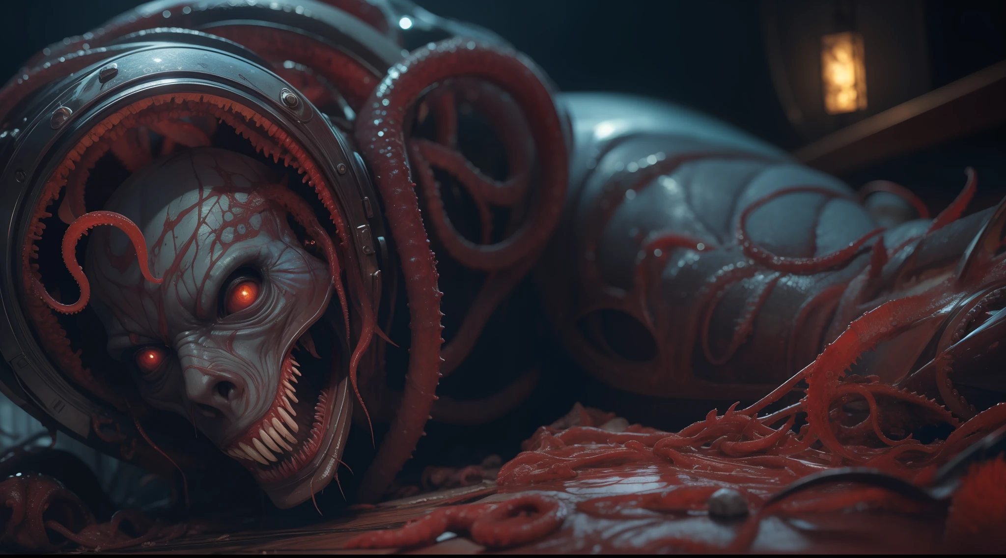 reelhorror, humanoid, lying, dismembered, veins, tongue, tail, teeth, eyes, flesh, drooling, looking at the viewer, blood, tentacles, wound, realistic, death, indoors, full shot, garbage, pov scene, point of view, hyperrealism, strong impressionist painting style, 1.618, elegant, ethereal, intricate, elaborate, hyper-realism, hyper-detailed, strong expressiveness and emotionality, cinematic lighting, visual clarity