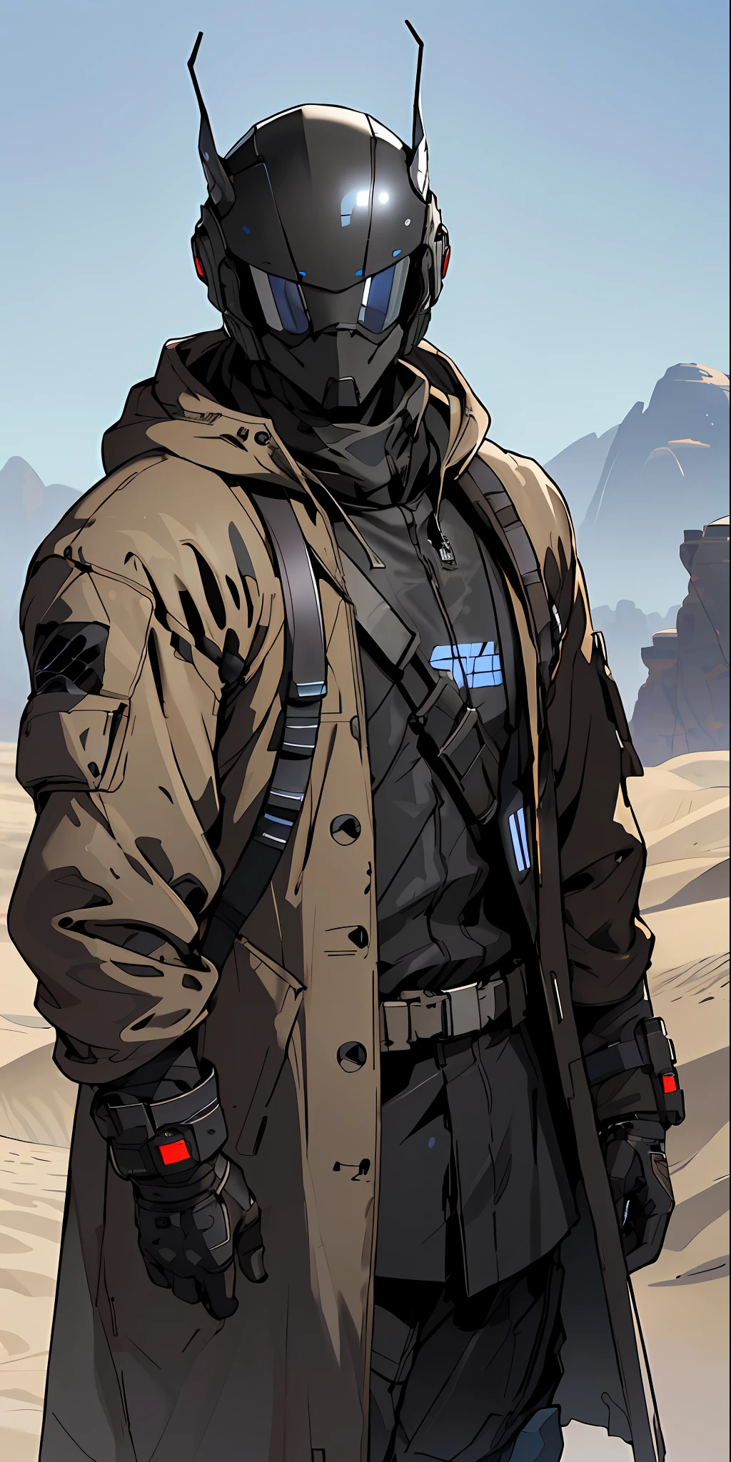 arafed man in a black and brown outfit standing in a desert, makoto shinkai ( apex legends ), death stranding art style, metal gear solid art style, jetstream sam from metal gear, apex legends concept art, raiden metal gear, desert breathing armor, detailed digital concept art, amazing 8k character concept art, clothed in stealth armor