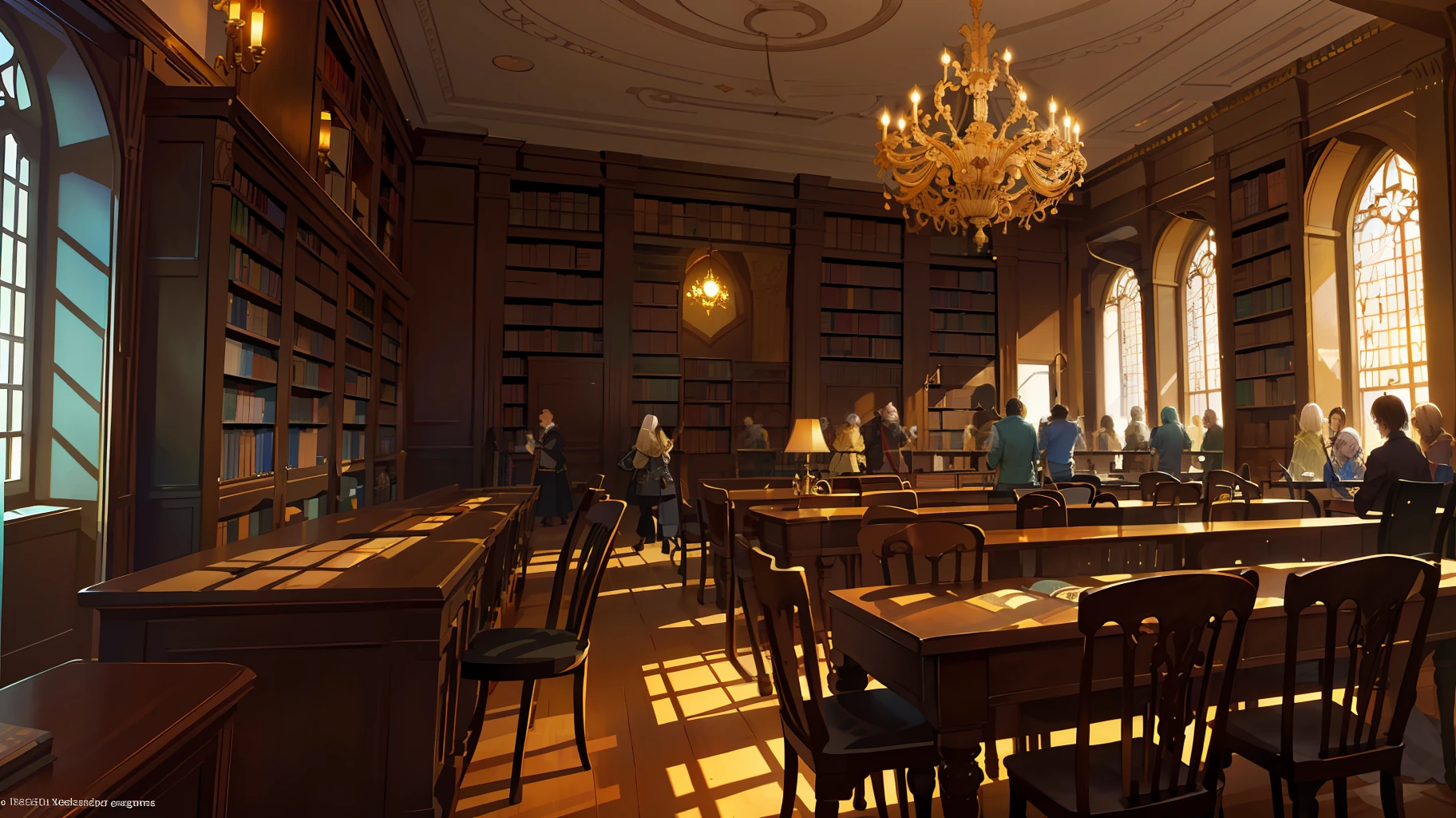 The Magic Library is a very spacious and quiet room surrounded by tens of thousands of books, including magic books, history books, novels, and more. The entire library is surrounded by wooden shelves, some of which are two or three stories high. A large number of books are placed on each shelf, separated by silk cloths to prevent them from colliding with each other and damaging them. In the library, there are also many small rooms, each with bookshelves, soft chairs and tables where students can read and study quietly. There is a huge crystal chandelier on the ceiling that illuminates the entire room. The library is a very spectacular and mysterious place, it is full of magic, people can't help but marvel at the magic and beauty of the library. , Fantastic Fantasy 2 D Concept Art, Painting Concept Art, Fantasy Concept Art, Concept Art Amazing Atmosphere, Concept Art Style, Fantastic Concept Art, Inspired by Andreas Rocha, Concept Art Magical Highlights, Medieval Concept Art, --v6