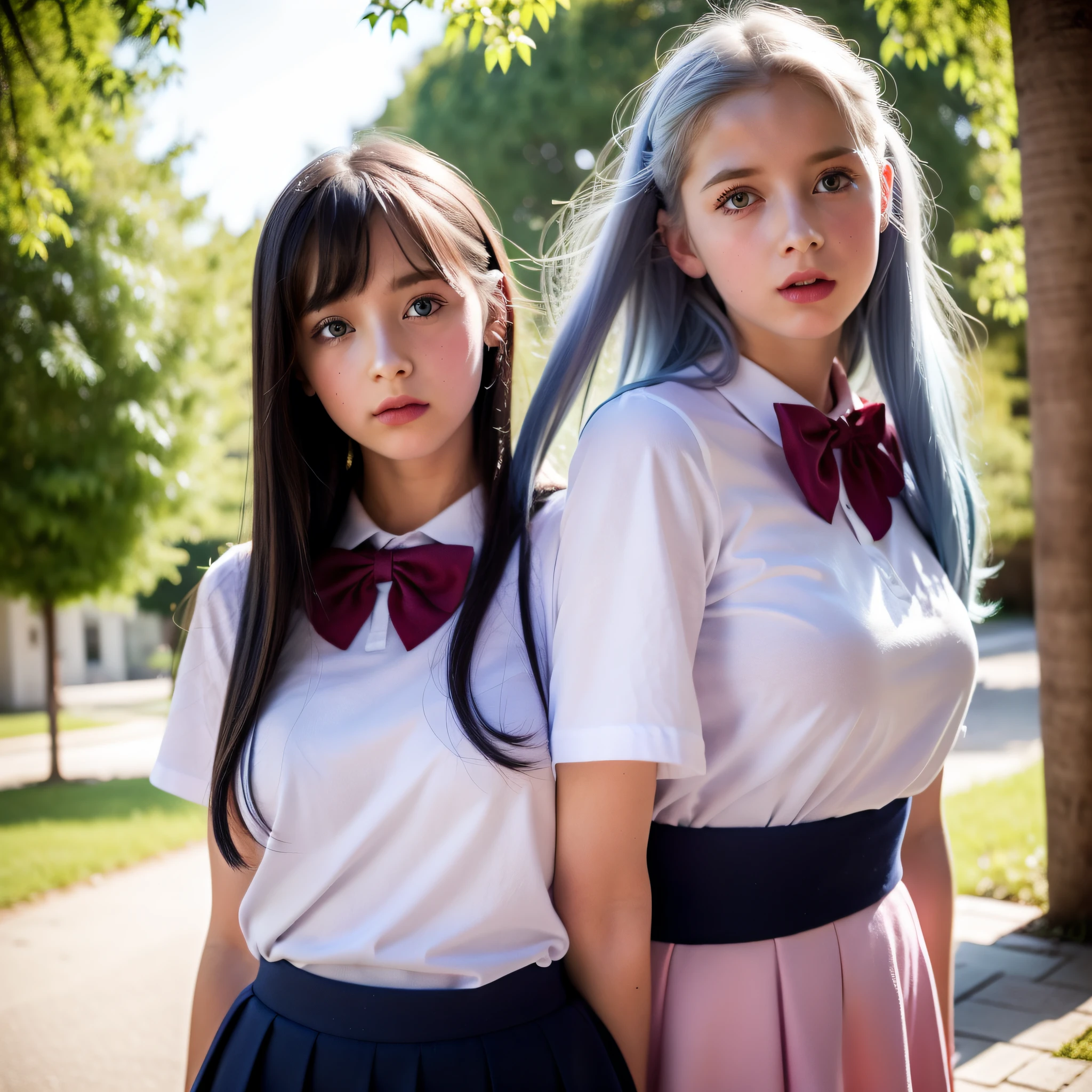 white girl 14 years realistic,beautiful,with long light blue hair to the waist,red lipstick,pink cheek,big blue eyes blue well together horizontally to the nose, school clothes white blouse with red bow and navy blue skirt,full body, , on blurry background in 10k resolution